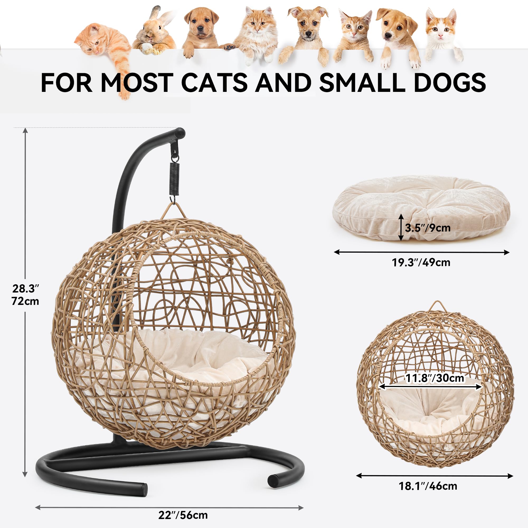 YITAHOME Cat Swing Bed with Stand & Cushion, Cat Egg Chair with Rattan Wicker Appearance, Indoor Hanging Swinging Cat Bed for Cats, Small Dogs, and Small Animals, Orange