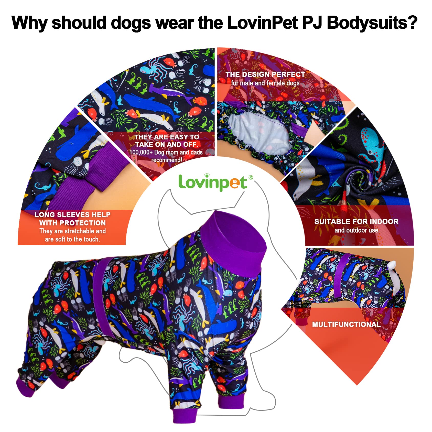 LovinPet Large Big Dog Pajamas - Post Surgery Onesie for Large Dog Breeds, Reflective Stripe, Lightweight Breatheable Stretchy Knit, Charcoal Gray Deep Sea Print, Pitbull Clothes, Pet PJ's, Black M