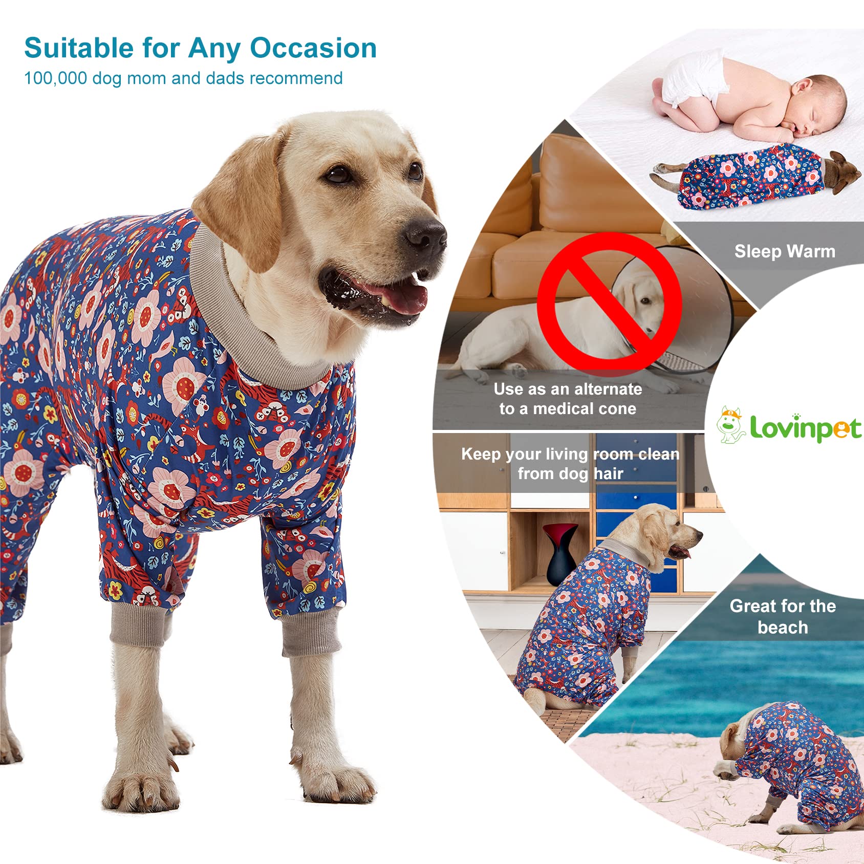 LovinPet Pit Bull Pajamas Large Dogs PJS - Tiger Garden Blue and Pink Print/Lightweight Stretchy Knit Big Dog Pullover Jammies, Large Breed Dog Pajamas, Pet PJ's /3XL