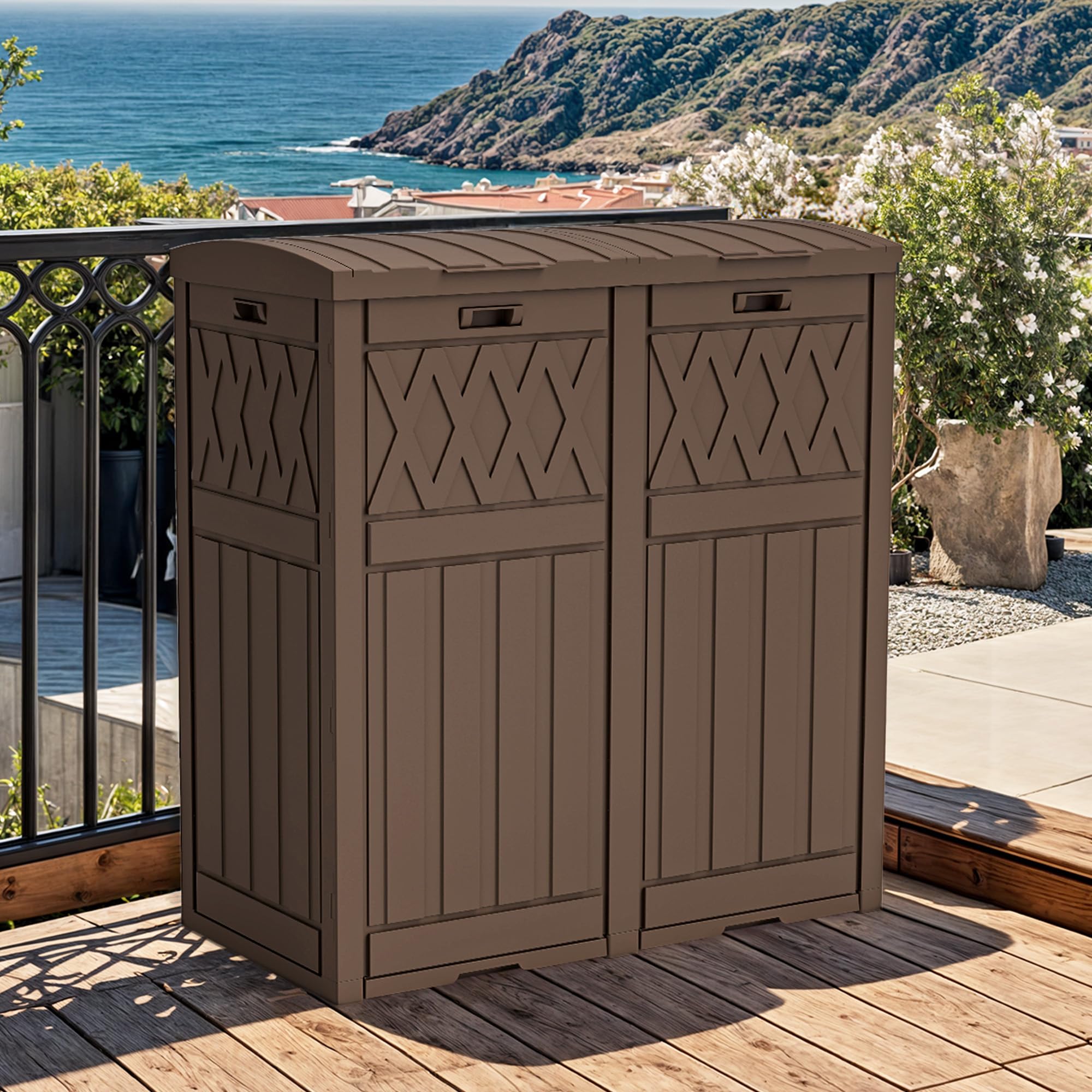 YITAHOME 76 Gallon Dual Compartment Outdoor Trash Can, Resin-Based with Layered Lid and Drip Tray, Waterproof Garbage Bin Brown