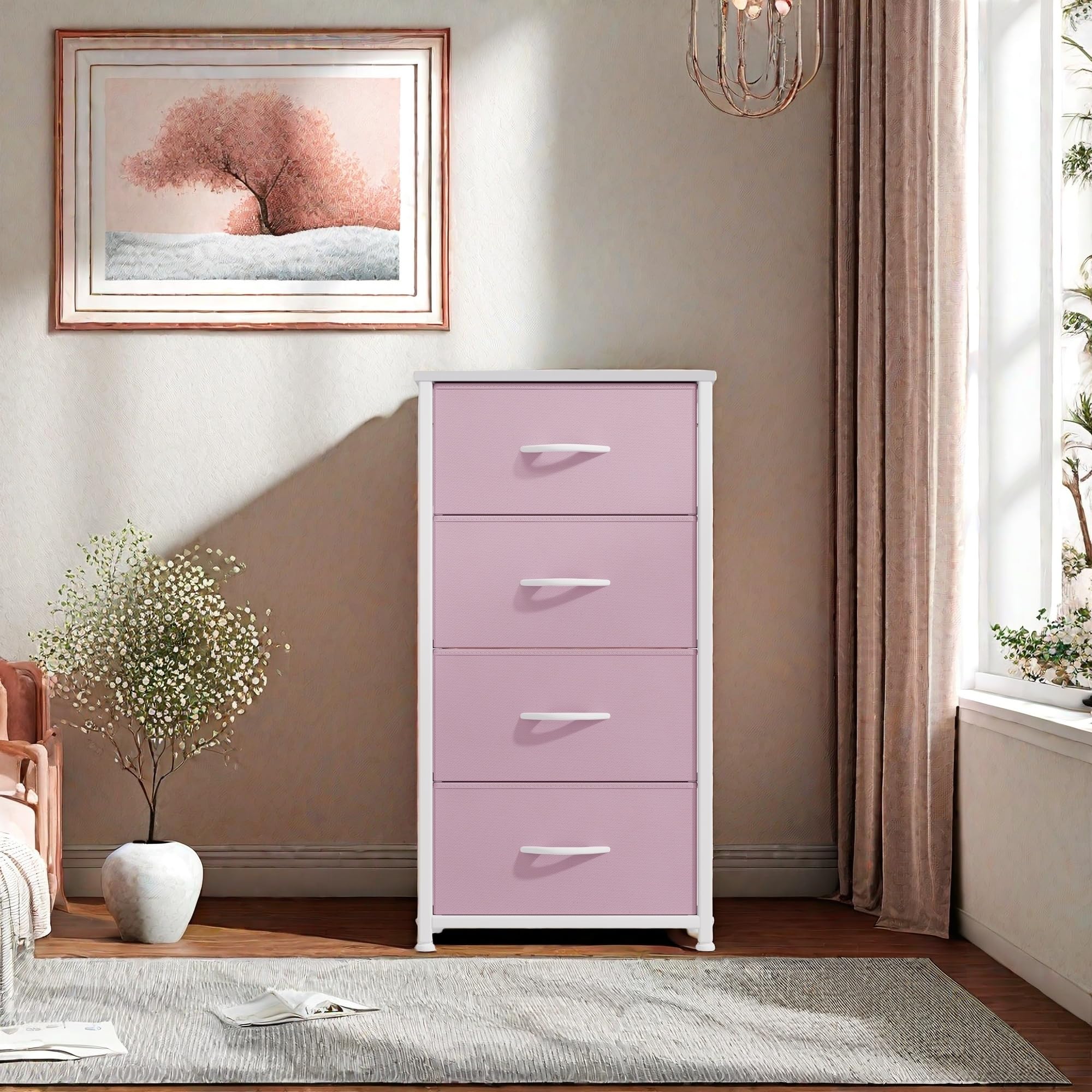 GOOBED Storage Drawer with 4 Drawers - Fabric Dressers, Dresser for Room, Living Room, Closets - Sturdy Steel Frame, Wooden Top & Easy Pull Fabric Bins, Pink