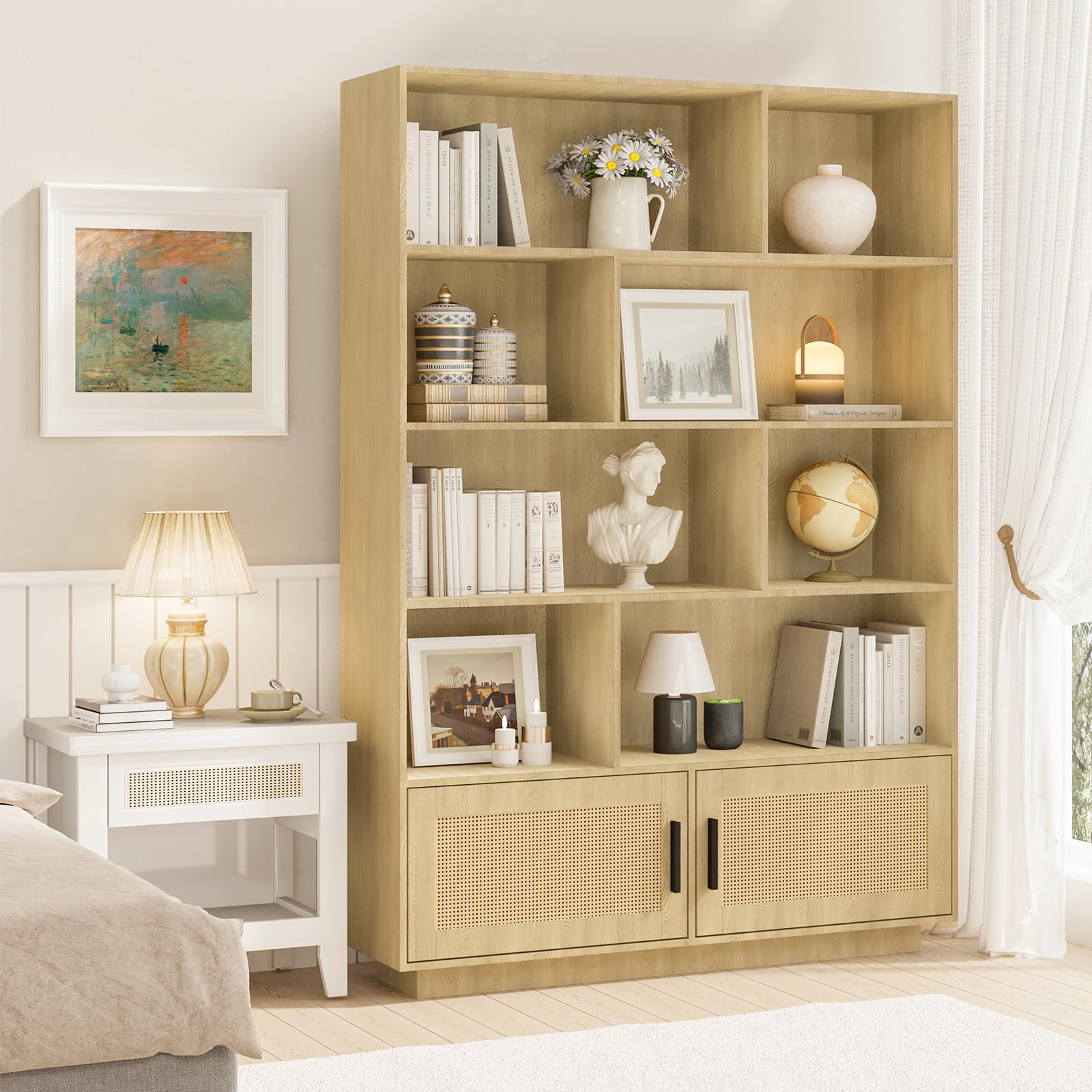 GarveeHome 5 Tier Bookshelf, Boho Bookcase with Rattan Doors, Wooden Bookcase and Bookshelf with Storage, Tall Book Stand, Large Bookshelf for Living Room, Bedroom, Home Office, Kitchen