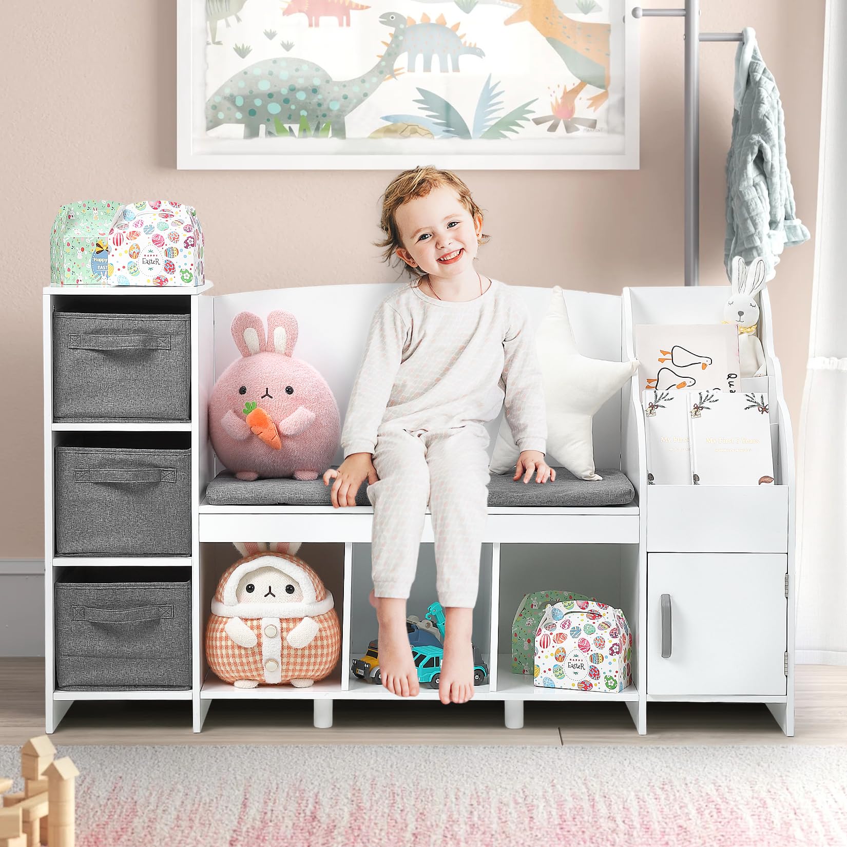 GarveeHome Kids Bookshelf with Reading Nook, Bookcase with Detachable Cushion, Adjustable Shelf,Storage Organizer with Book Rack for Bedroom, Playroom, Gift for Boys and Girls, White