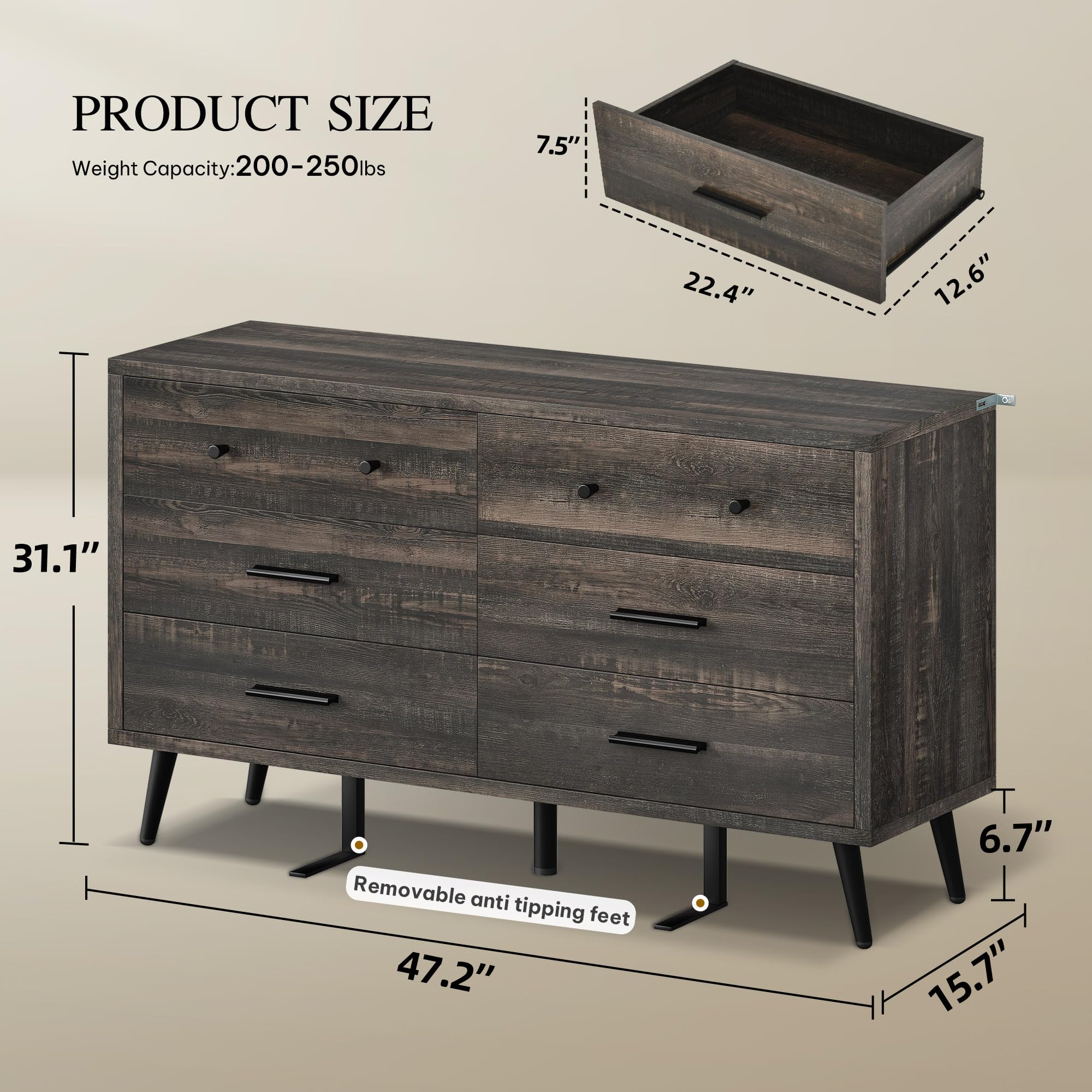 DWVO 6-Drawer Dresser, Wood Storage Cabinet with Black Metal Handles & Anti-Tip Design, Modern Chest of Drawers for Living Room, Bedroom, or Hallway-Dark Rustic Oak