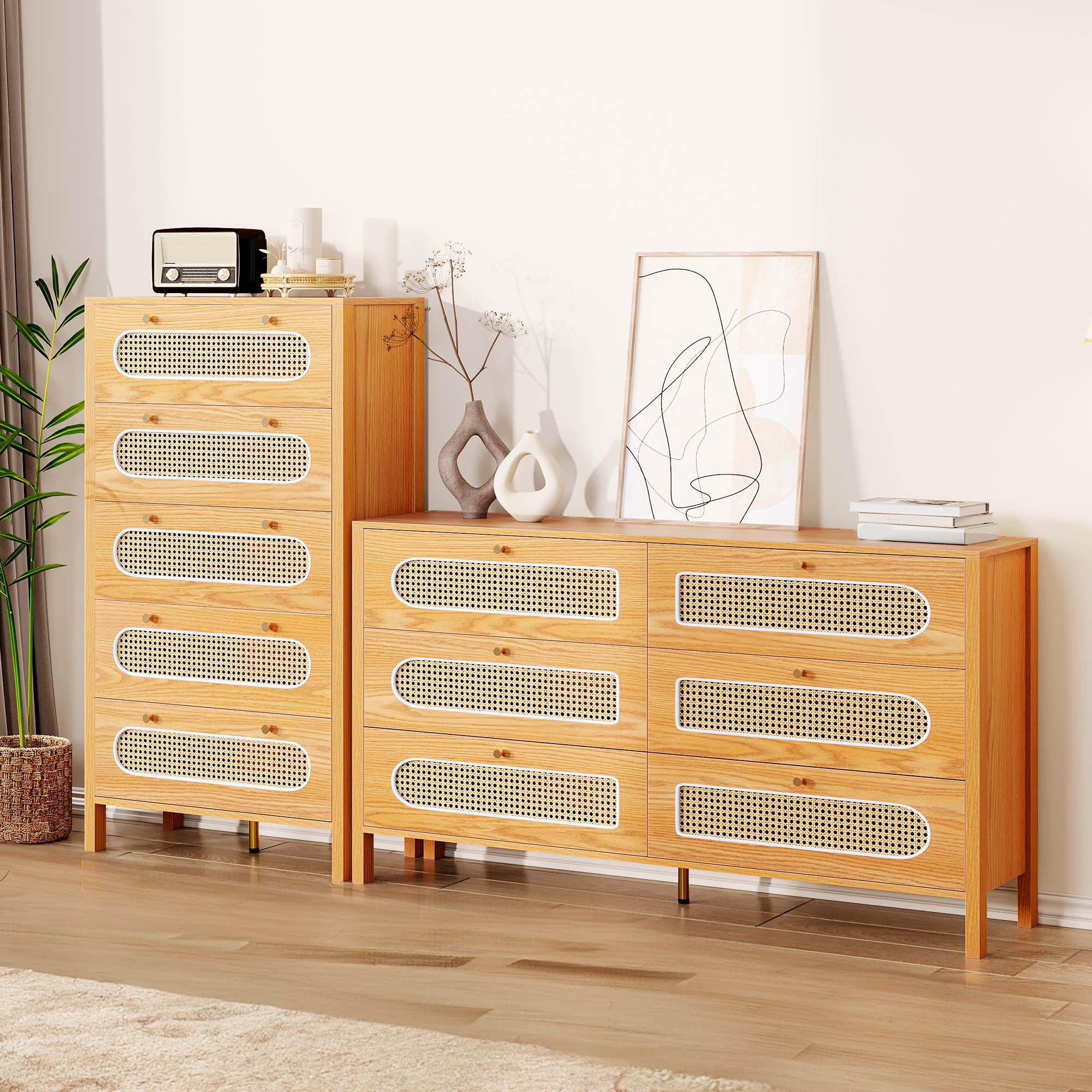 DWVO 47" Tall Natural Rattan 5 Drawer Dresser, Boho Dresser Chest of Drawers with Golden Handles, Wood Dresser Storage Cabinet for Hallway, Entryway, Hold up to 300lbs, Oak