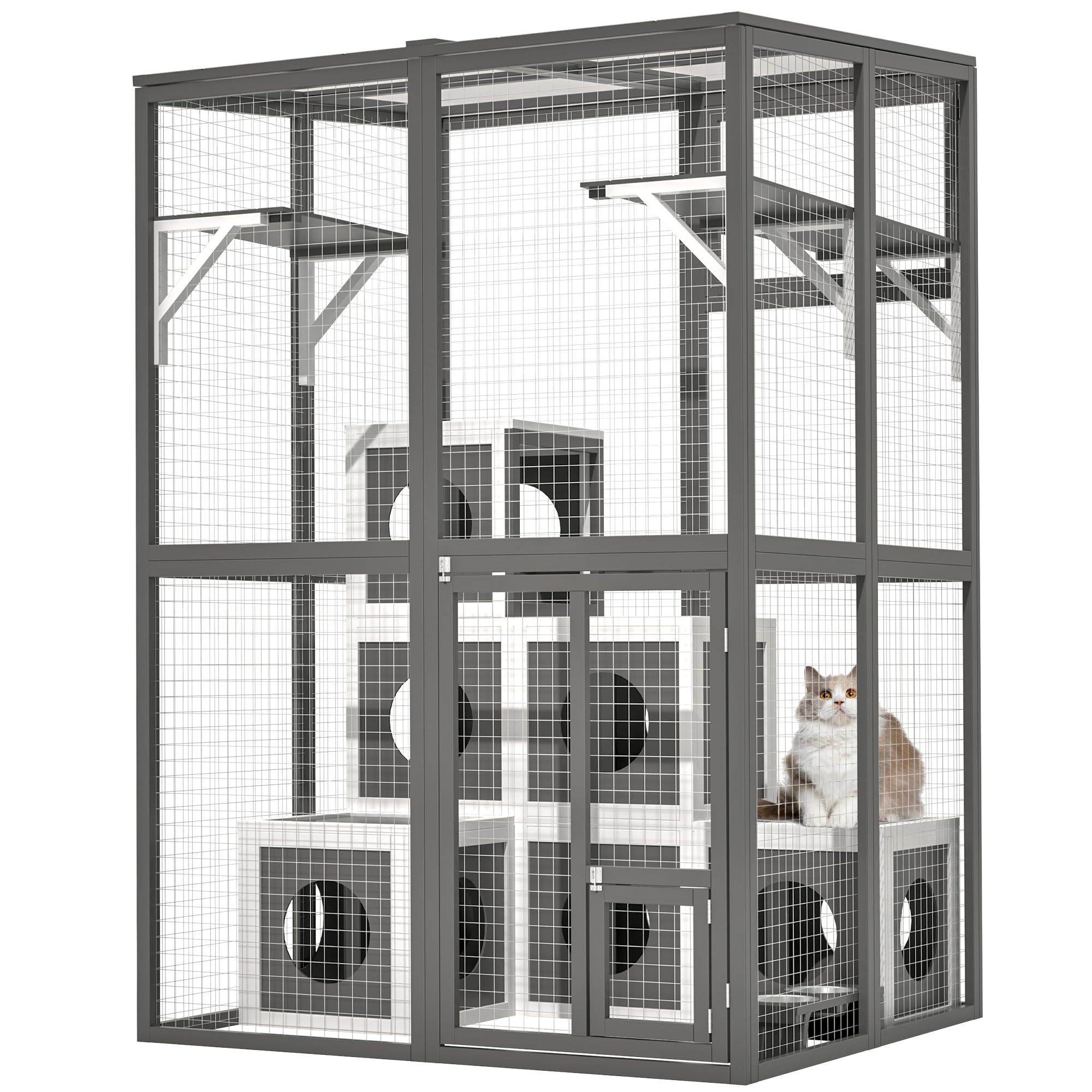 Wooden Window Catio Outdoor Cat Enclosure, Large Feral Cat Shelter for Mulitiple Cats, Walk In Cage With 7 Removable Napping Houses, Outside Cats Patio Enclosure Weatherproof Roof Gray