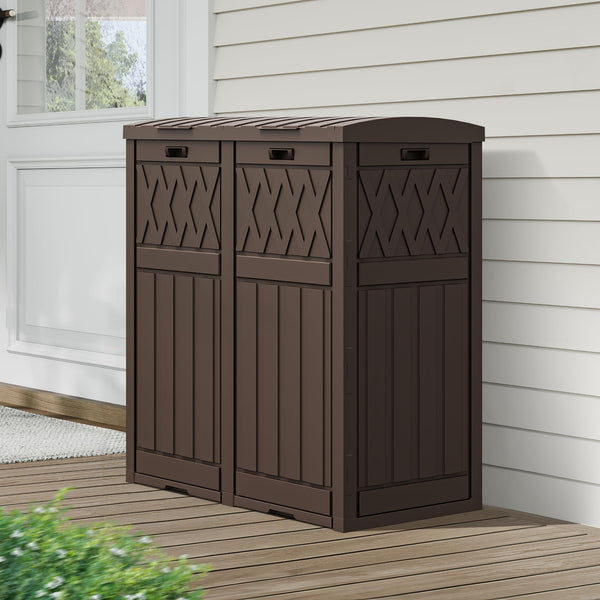 DWVO 66 Gallon Double-Bin Outdoor Trash Can, Waterproof Resin Garbage Can with Tiered Lid and Drip Tray for Patio, Kitchen, Deck, and Backyard, Brown