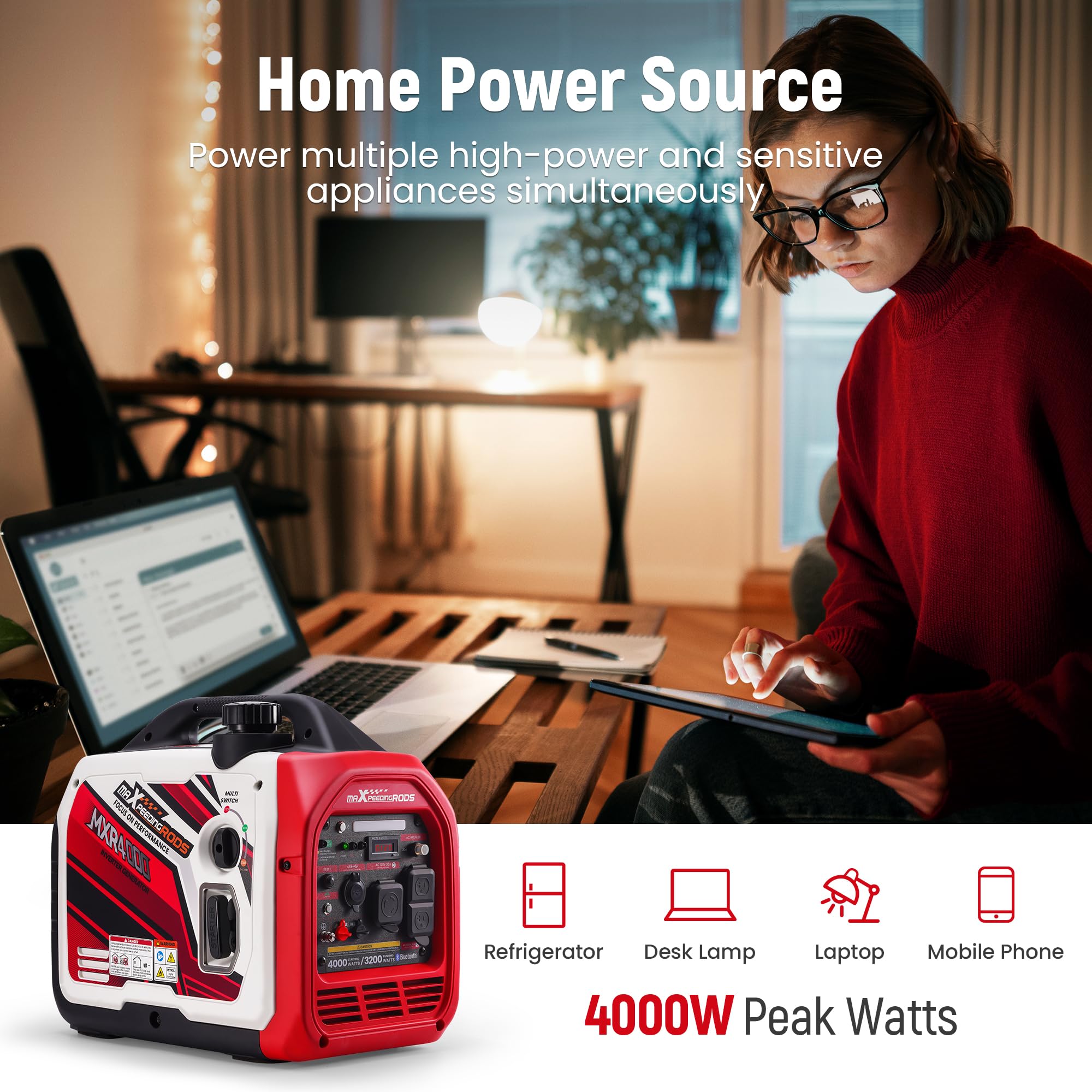 maXpeedingrods 4000 Watt Inverter Generator Portable, Bluetooth® App Remote Data Monitor, RV Ready, Gas Powered Generator with CO Alarm for Outdoor Camping, Home Backup