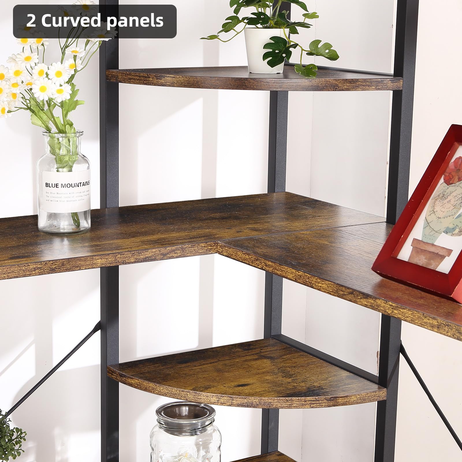 GarveeHome Bookcases and Bookshelves,5-Tiers Corner Bookcase with Curved Panels,Corner Shelf L-Shaped Book Shelves Display Storage Rack with Metal Frame for Living Room Home Office, Rustic Brown