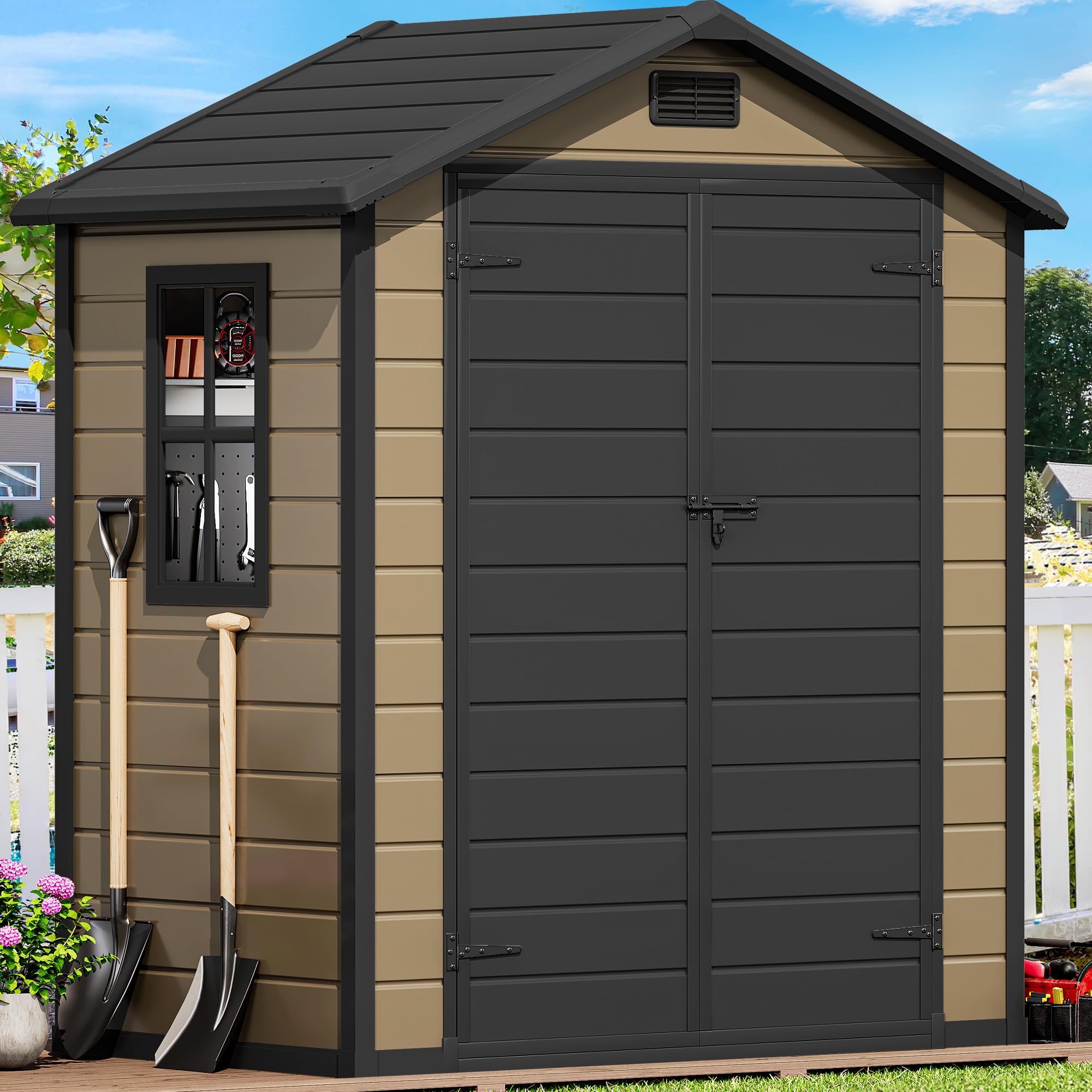 DWVO 6.2x3.4 FT Outdoor Resin Storage Shed with Floor, All-Weather Bike Storage Shed with Lockable Door, Window and Vent, Waterproof Plastic Tool Storage for Garden, Backyard, Patio, Lawn, Brown