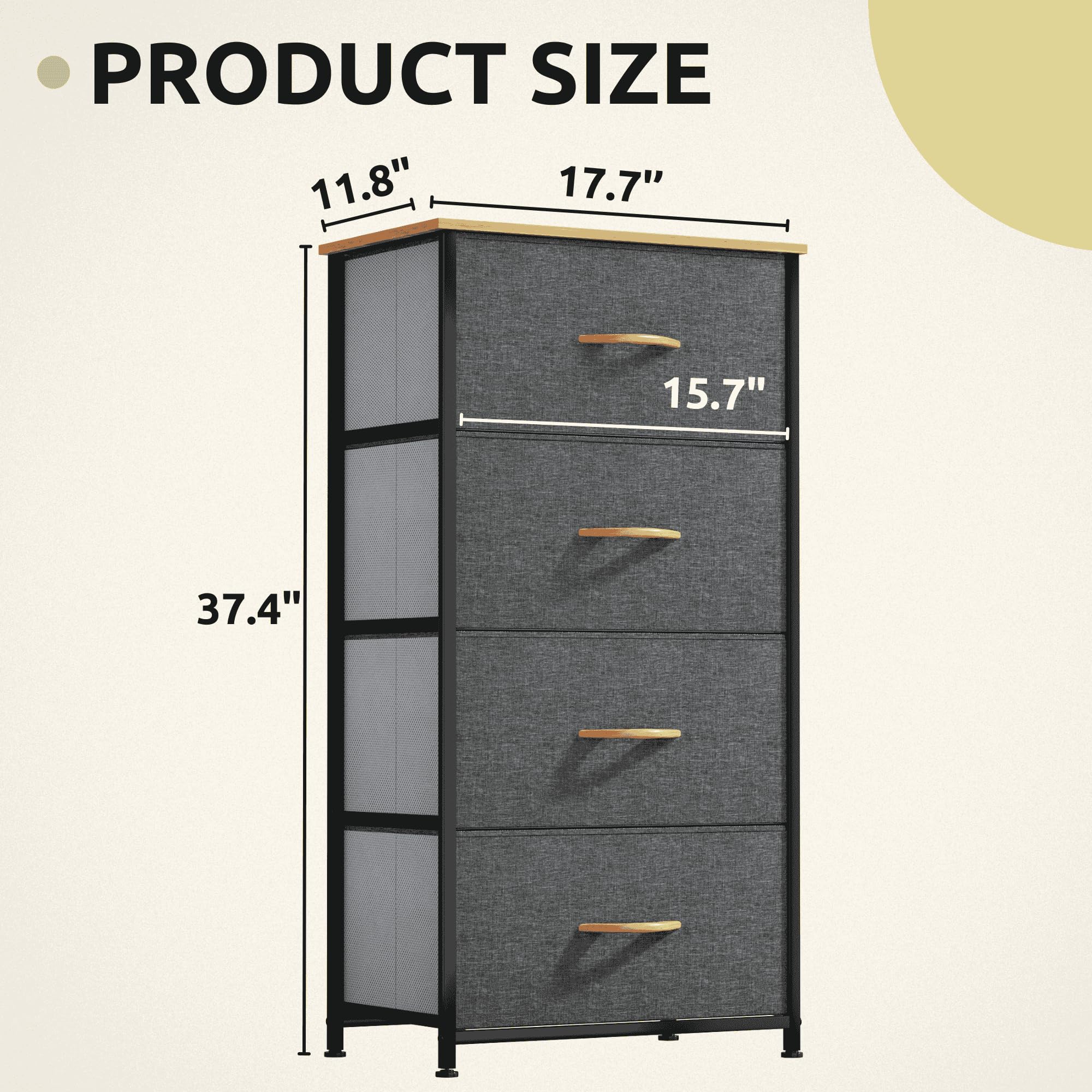 GOOBED Dresser with 4 Drawers - Fabric Storage Tower, Organizer Unit for Bedroom, Living Room, Hallway, Closets - Sturdy Steel Frame, Wooden Top & Easy Pull Fabric Bins, Dark Gray