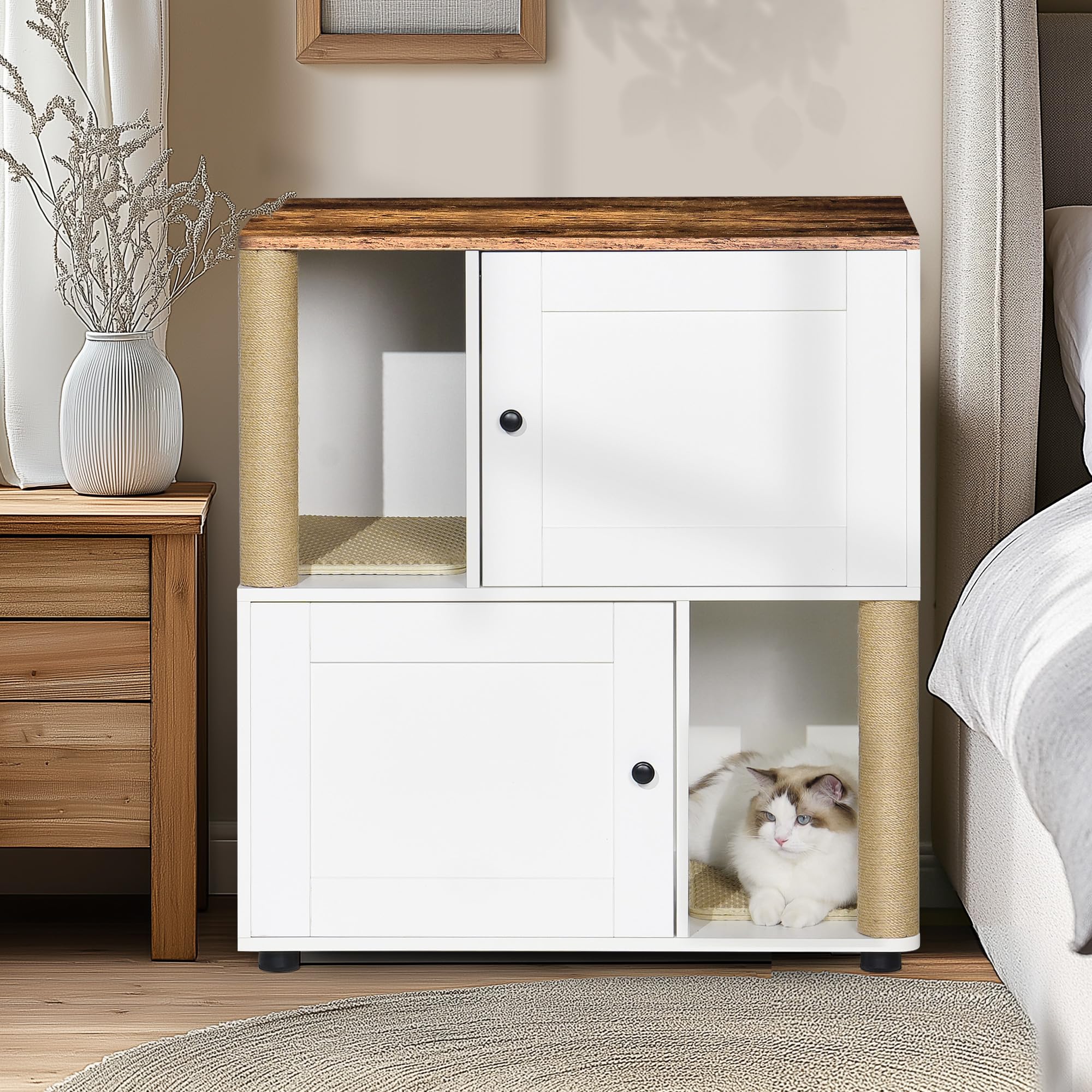 GarveeLife Cat Litter Box Enclosure for 2 Cats, Litter Box Enclosure with Double Room, Hidden Enclosed Cat Litter Box Furniture with Scratch Posts and Double-Layer Litter Mats White-A