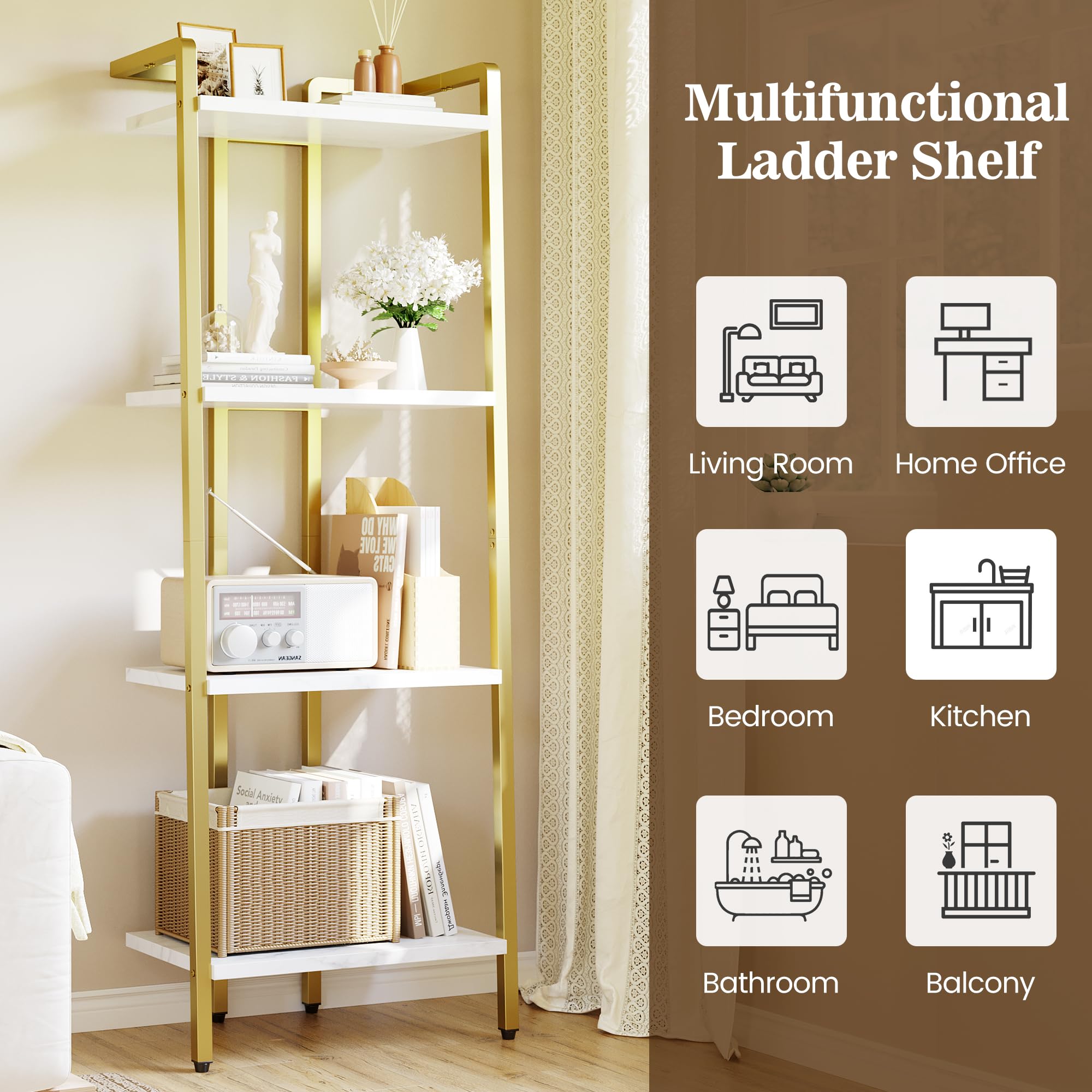 GarveeHome 4 Tier Ladder Shelf, Free Standing Gold Book Shelf, Gold Bookcase with Metal Frame, Display Bookcase, Plant Rack, Accent Furniture for Home Office, White and Golden