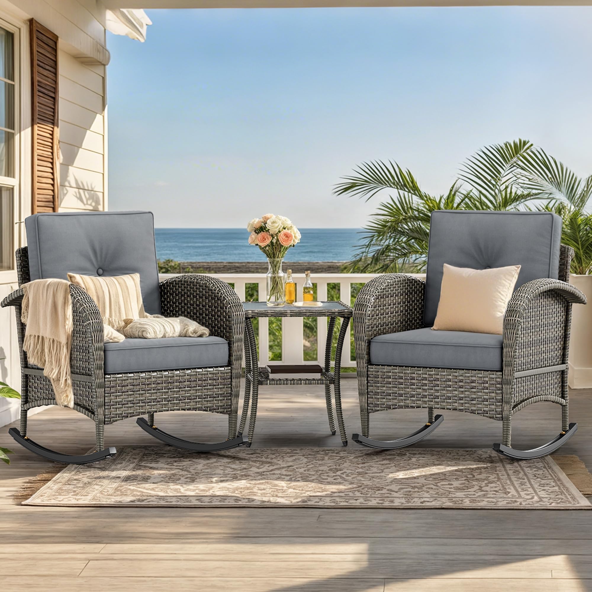 YITAHOME 3-Piece Wicker Rocking Chair Set, Outdoor Patio Furniture Set with Plush Cushions, PE Rattan Bistro Set Including Side Table, Perfect for Garden, Backyard, Porch, and Patio Use, Grey