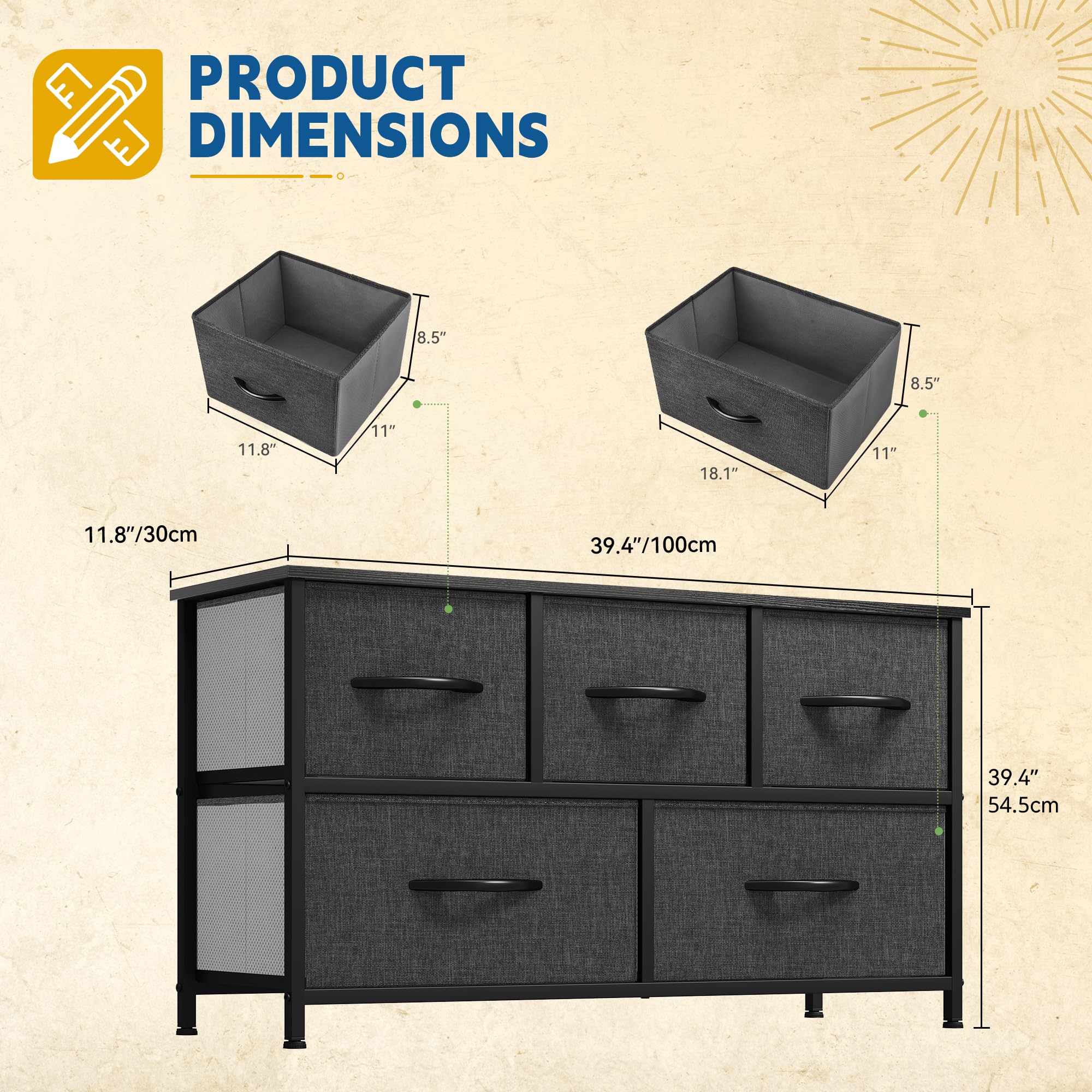 DWVO 5 Dresser for Bedroom, Fabric 5 Drawers, Chest of Drawers for Closet, Black Dresser & Chest of Drawers