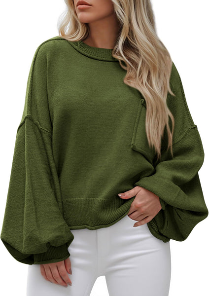 BTFBM Women Oversized Sweater Fall Lantern Long Sleeve Crewneck Winter Outfits Casual Ribbed Knit Pullover Tops 2025(Army Green, Small)