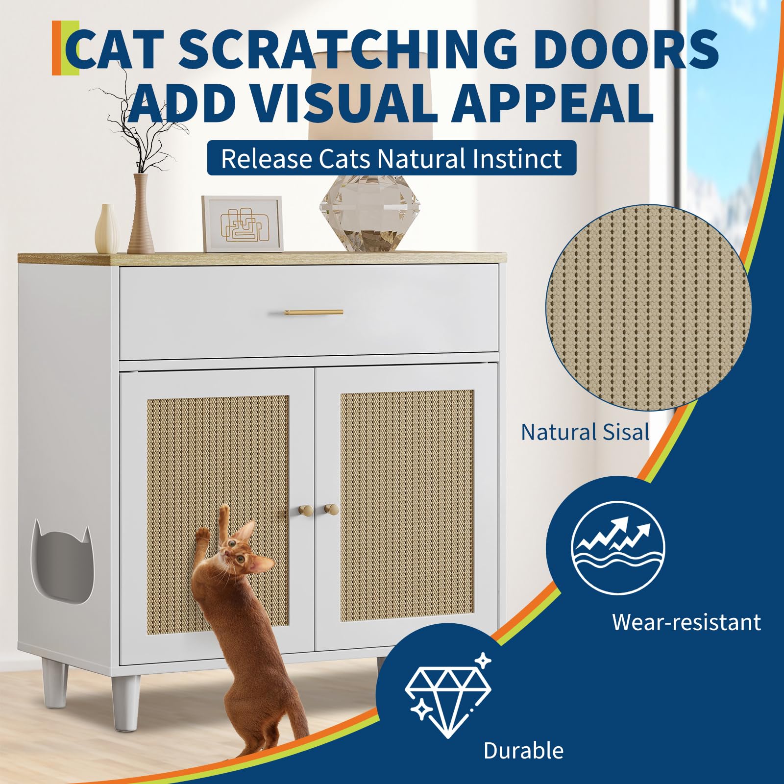 GarveeLife Hidden Cat Litter Box Furniture with Storage Drawer, Wood Cats Litter Enclosure Cabinet with 2 Sisal Doors, Hidden Enclosed Kitty Litter Box Cabinet Dog Proof for Living Room White