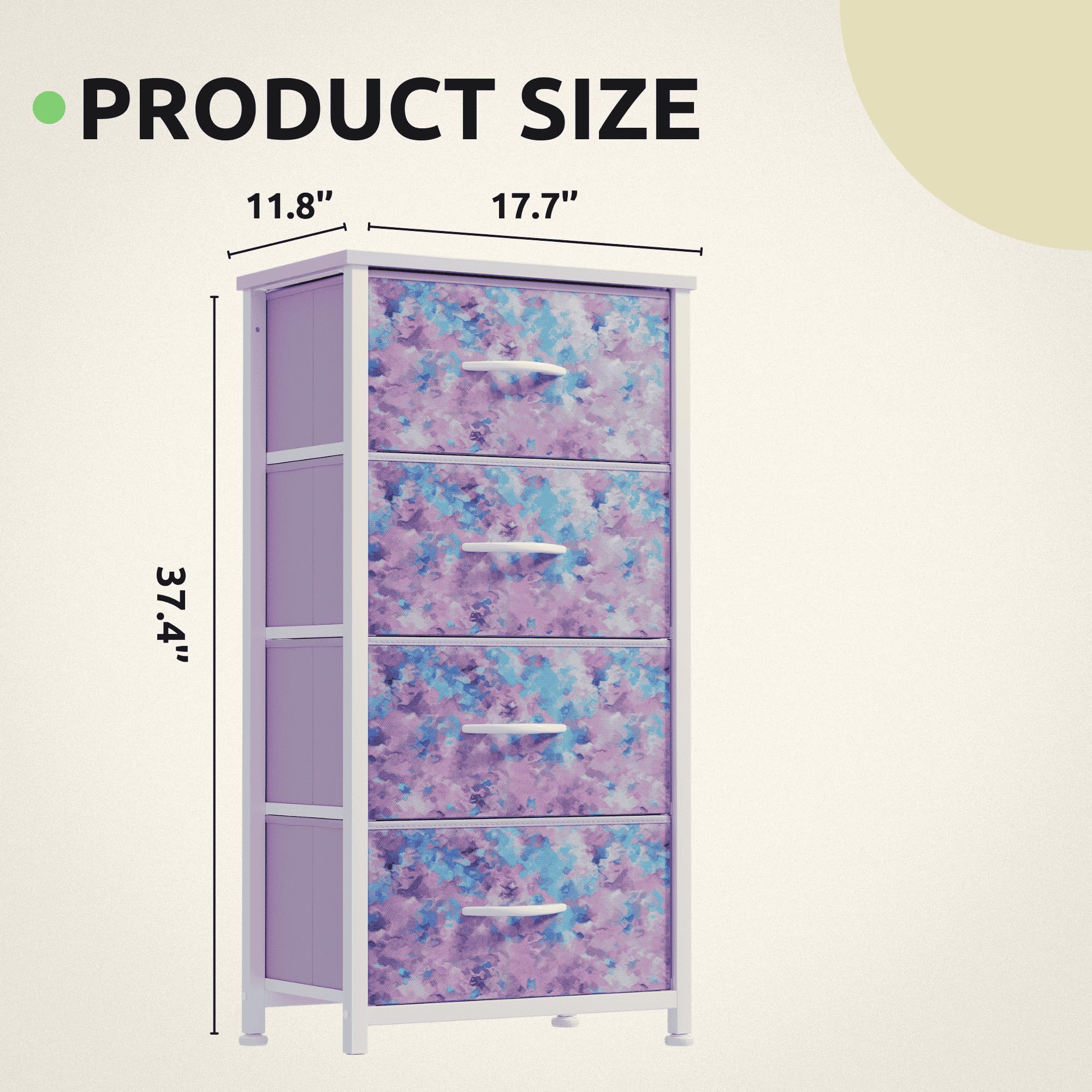 GOOBED Dresser with 4 Drawers - Storage Tower Unit, Dresser for Room, Living Room, Closets - Sturdy Steel Frame, Wooden Top & Easy Pull Fabric Bins, Tie-dye Purple