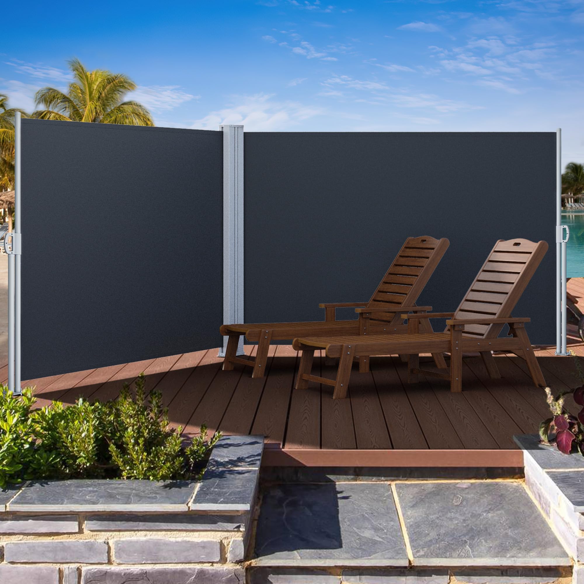 DWVO 236''X 63'' Double Side Awning Retractable Side Awning Screen Privacy Fence Waterproof UV-Resistant Privacy Awning Outdoor for Garden, Deck, Patio, Pools, Balcony, Gray