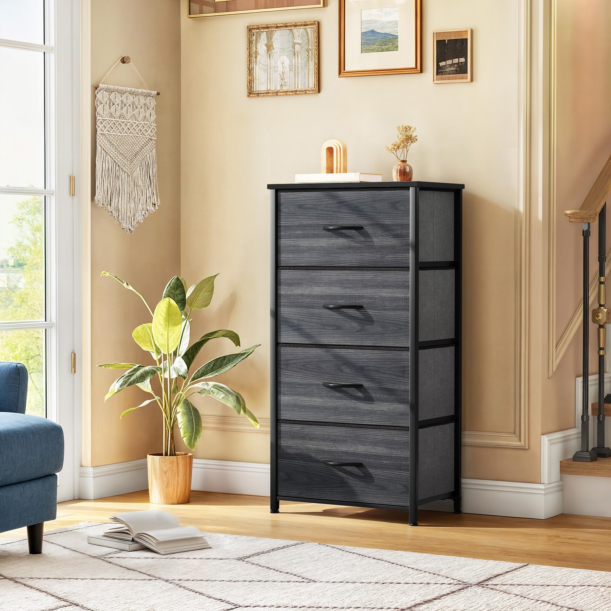 DWVO 4 Drawers Dresser, Dresser for Bedroom, Fabric Storage Tower, Chest of Drawers, Organizer Unit for Closets, Living Room, Sturdy Steel Frame, Wooden Top, Easy Pull Fabric Bins, Black Wood Grain