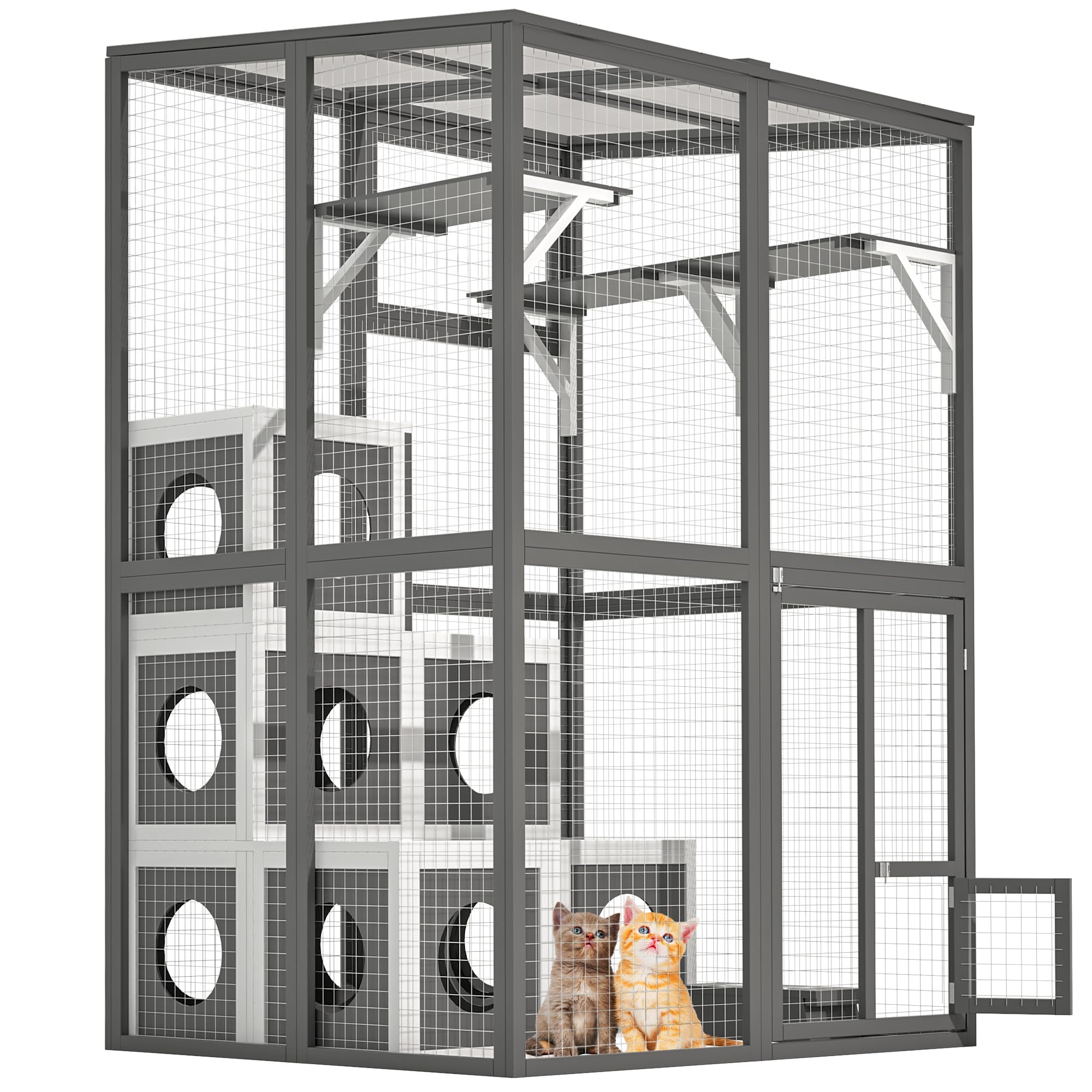 Wooden Window Catio Outdoor Cat Enclosure, Large Feral Cat Shelter for Mulitiple Cats, Walk In Cage With 7 Removable Napping Houses, Outside Cats Patio Enclosure Weatherproof Roof Gray