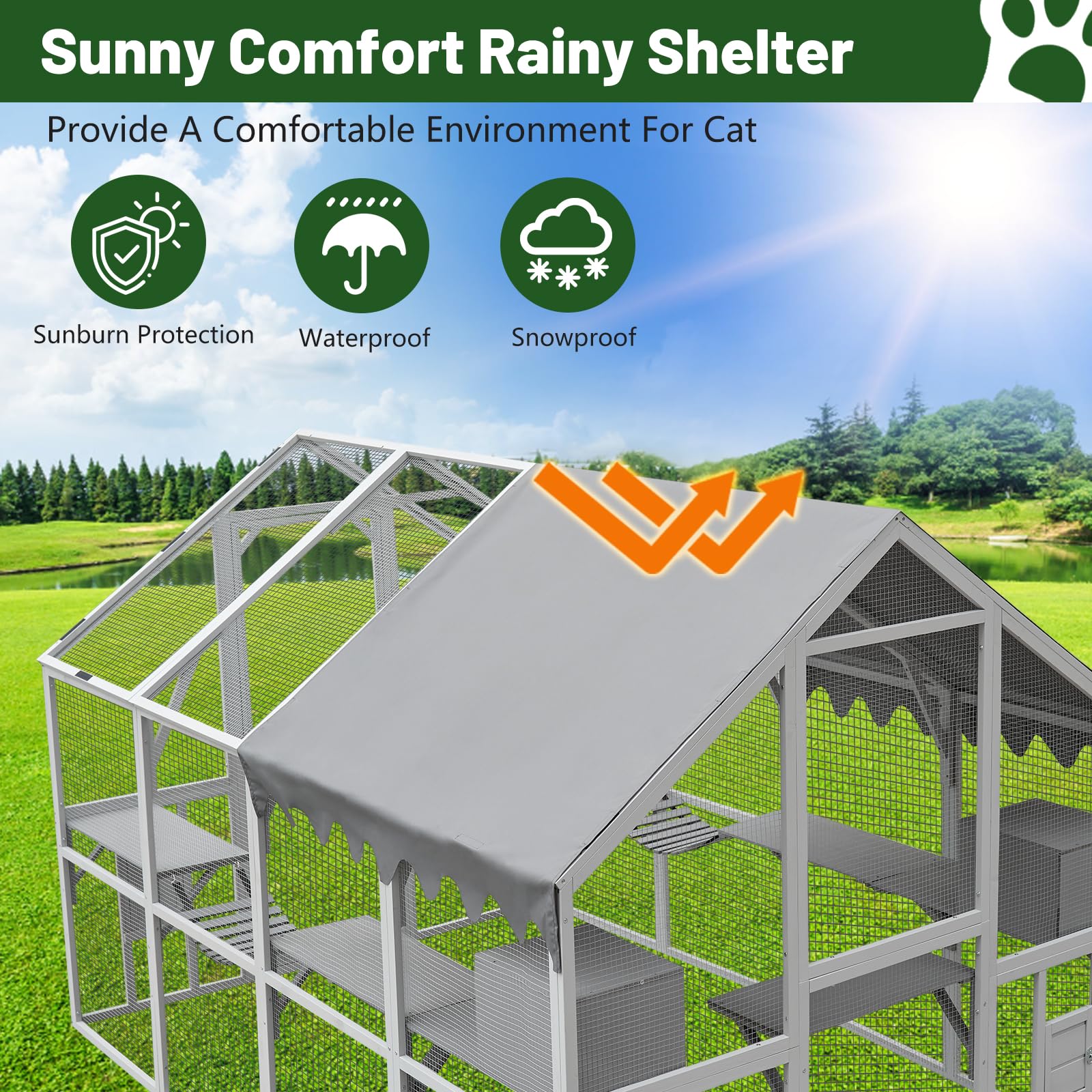 110" Large Wooden Window Catio Outdoor Cat Enclosure Walk in Cat Cage Kitten Playpen Patio with Weatherproof Roof, Multiple Platforms, 2 Bouncy Bridges and 2 Resting Houses