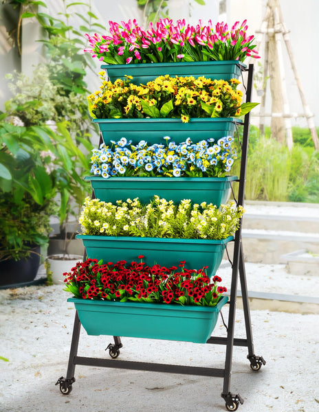 IDZO 5-Tier Vertical Raised Garden Bed with 4 Lockable Caster Wheels, Sturdy Steel Vertical Garden Planter with Efficient Drainage Tray, Ergonomic Ladder Planter with Included Garden Tools, Green