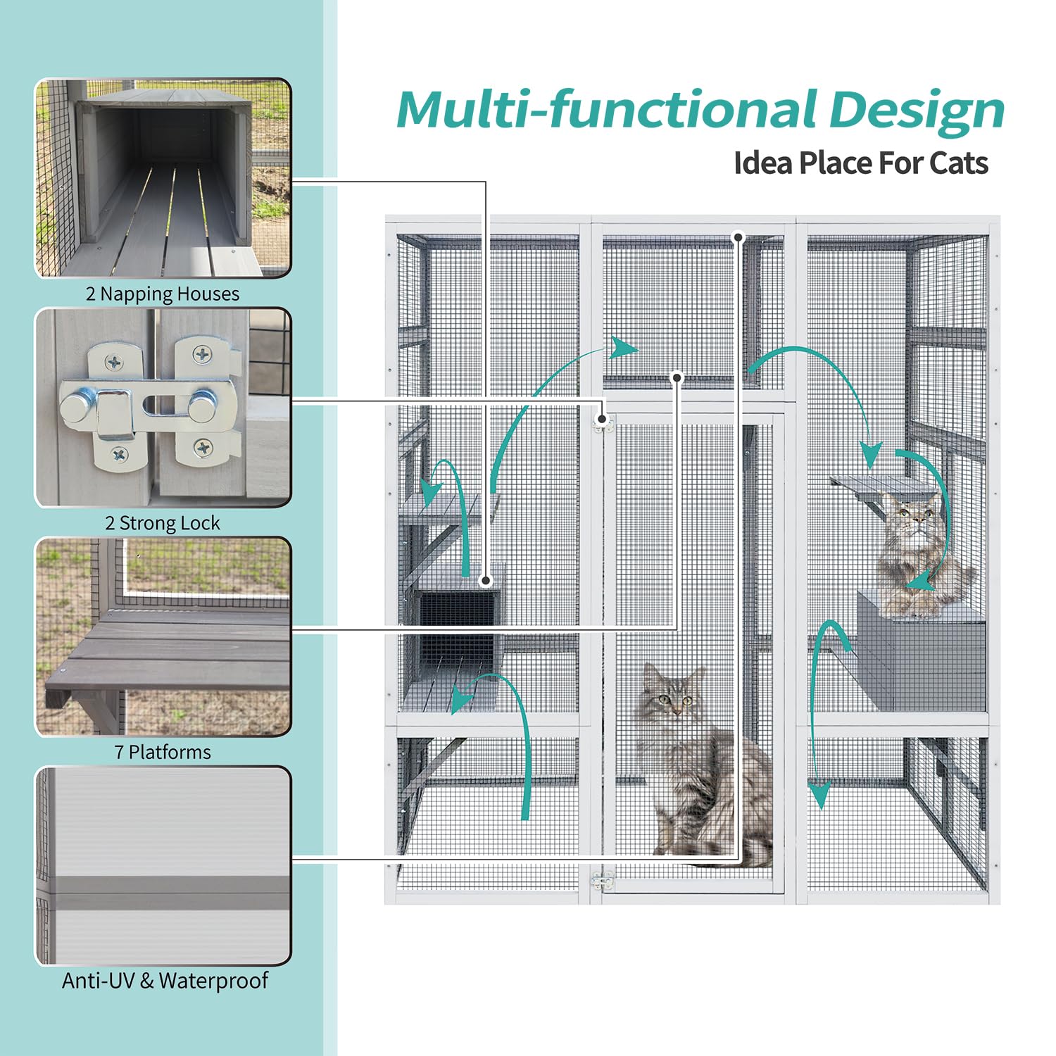 70'' Catio Outdoor Cat House, Cat Enclosure for Mulitiple Cats Large Walk in Cat Cage with Waterproof Cover, Feral Cat Shelter with 7 Platforms and 2 Resting Box Gray