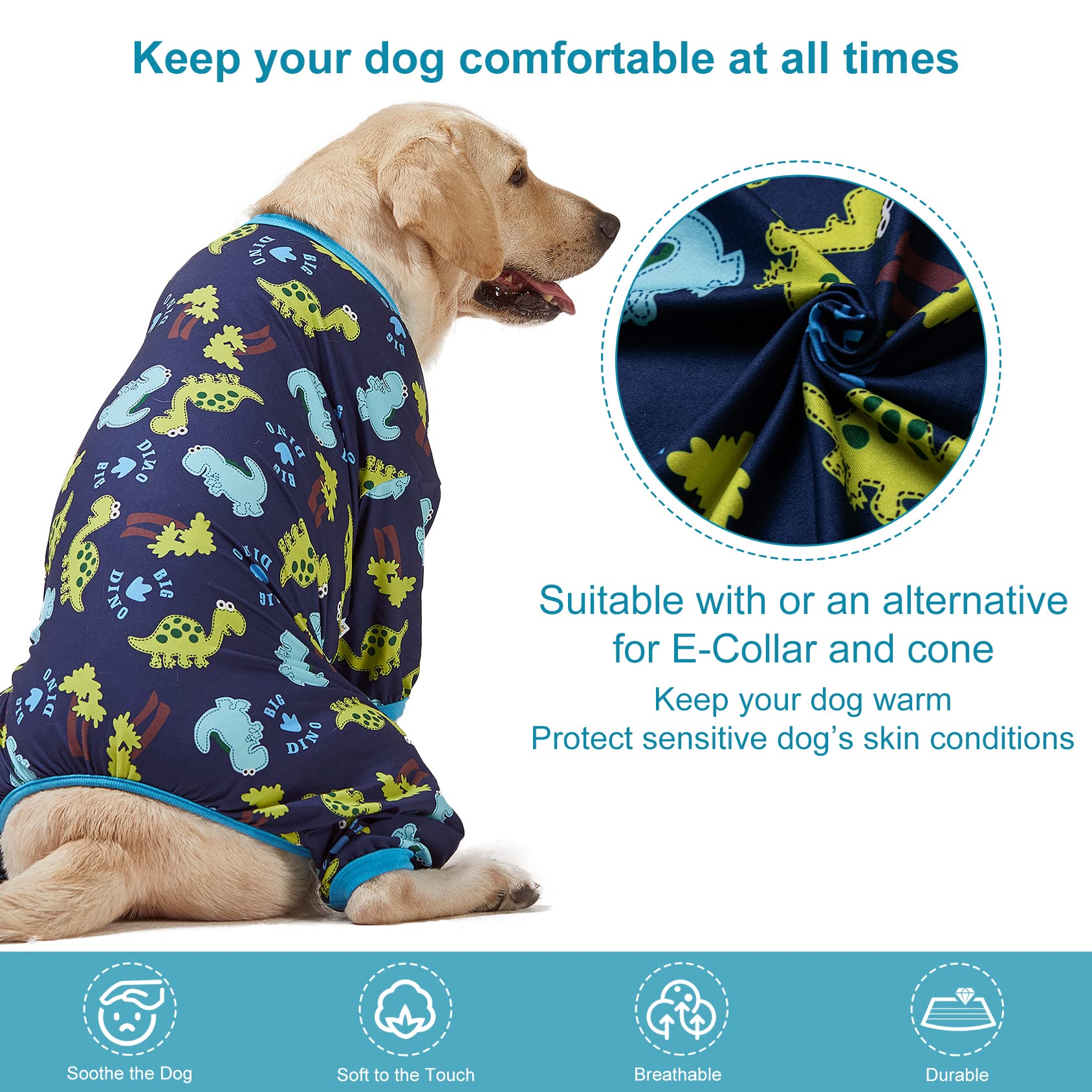 LovinPet Dog Clothing for Large Dogs: Dinosaur in The Jungle Print, Lightweight Stretchy Knit Pullover Puppy Pajamas, Big Dog Onesie. Large Breed Dog Jammies, Pet PJ's/XL