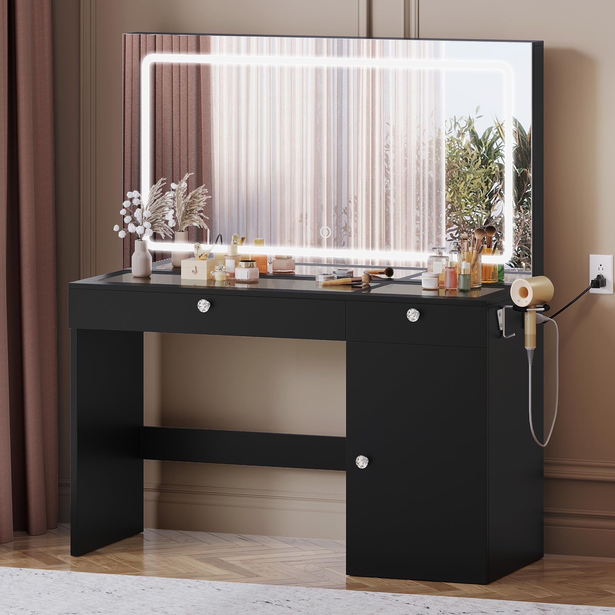DWVO Vanity Desk with Large LED Mirror, Power Outlet, 47" Makeup Vanity Table with Mirror with 3 Lighting Modes, 4 Drawers, for Bedroom, Black