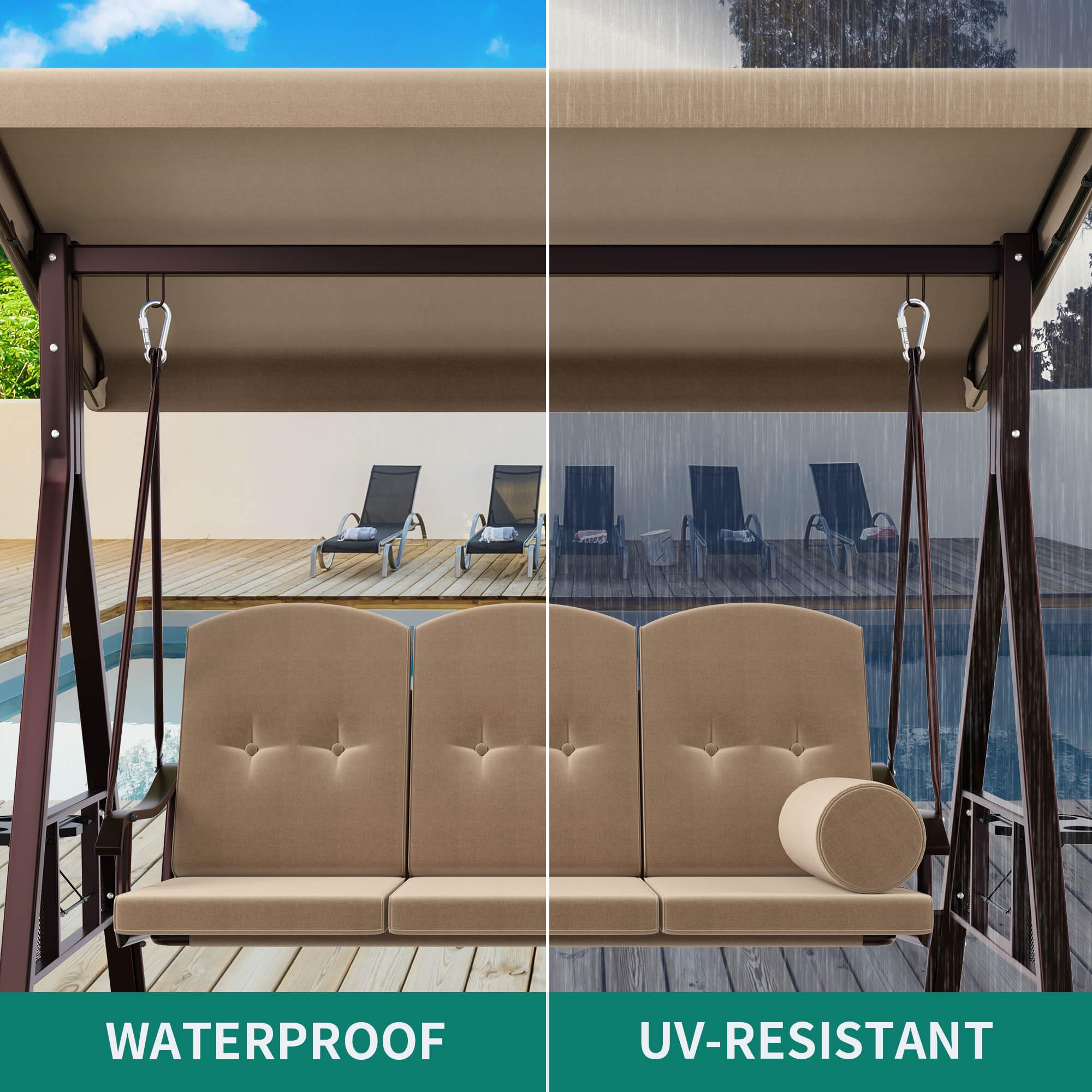 YITAHOME Porch Swing Bed 3-Seats Outdoor Patio Heavy Duty Swing Chair with Adjustable Canopy Removable Cushion, Suitable for Adult in Garden, Poolside, Balcony, Brown