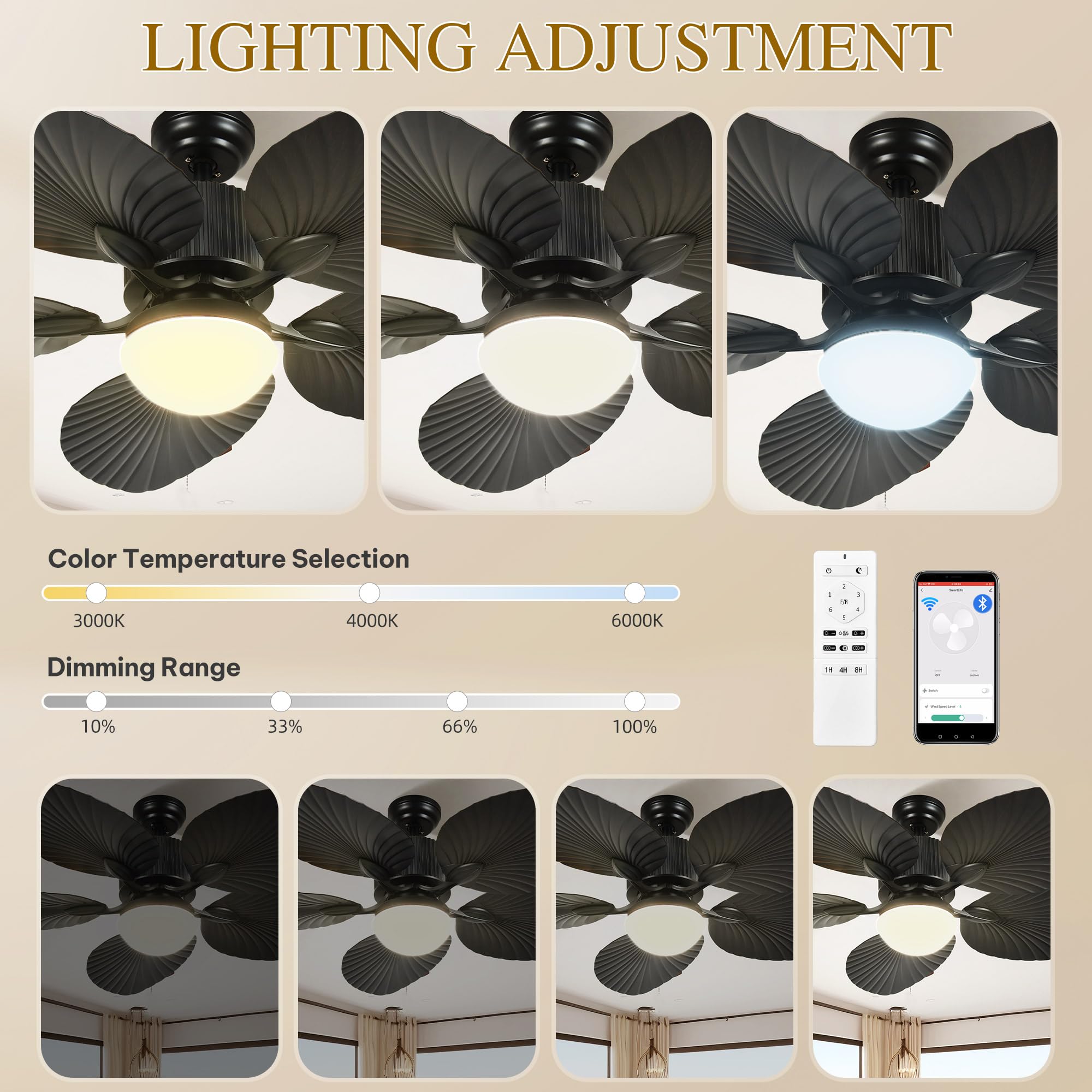 YITAHOME Tropical Ceiling Fan with Lights, 3 Ways Control, Dimmable 52 Inch Retro Ceiling fan with Cleaner Duster, Black Smart Ceiling Fan Compatible with Alexa for Living Room, Dining Room