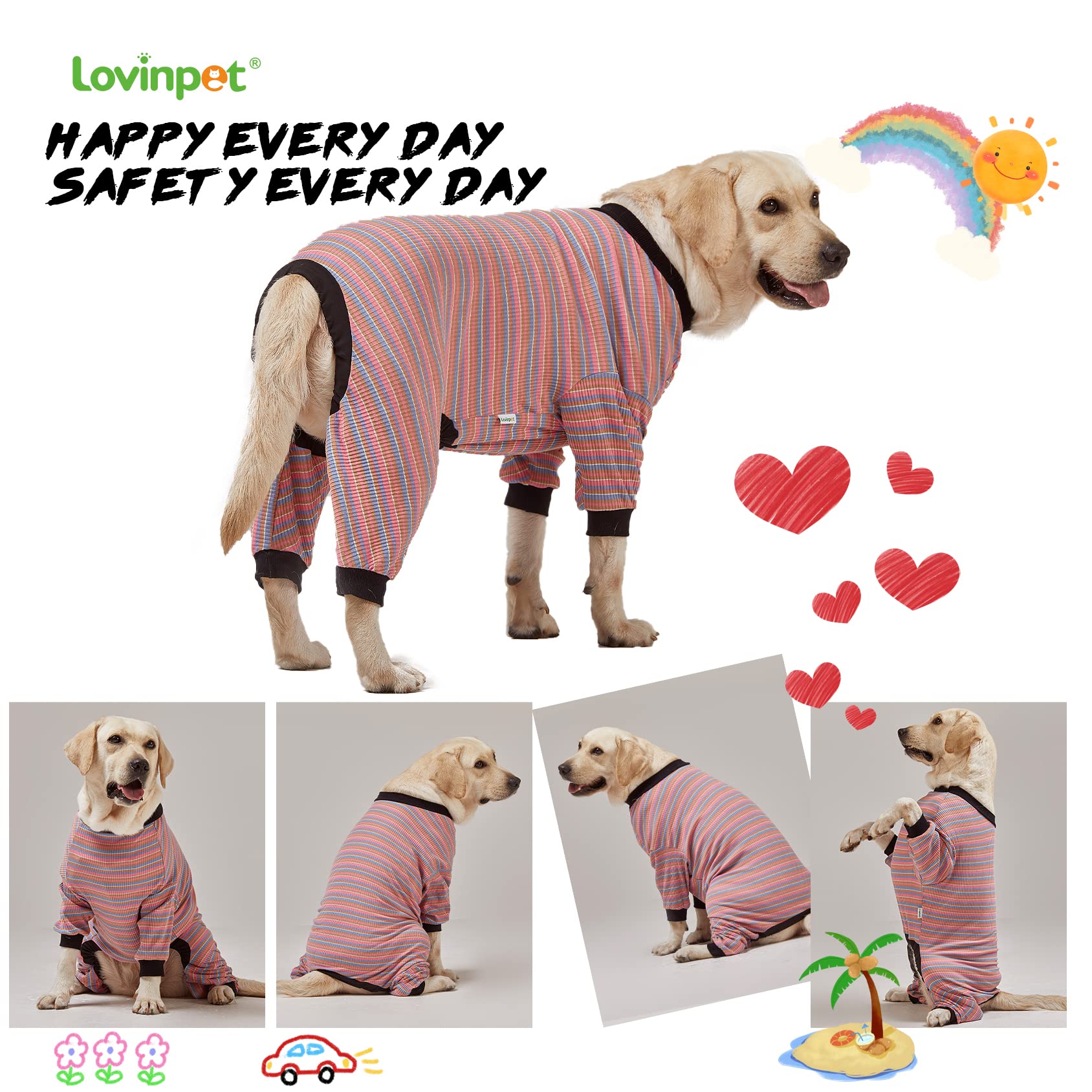 LovinPet Large Dog Pajamas, Cotton Multicolor Stripe Big Dog Shirt, Stop Shedding for Dogs, Full Body Dog Onesie, Pet Pajamas for Dogs, Pet PJ's, 3XL