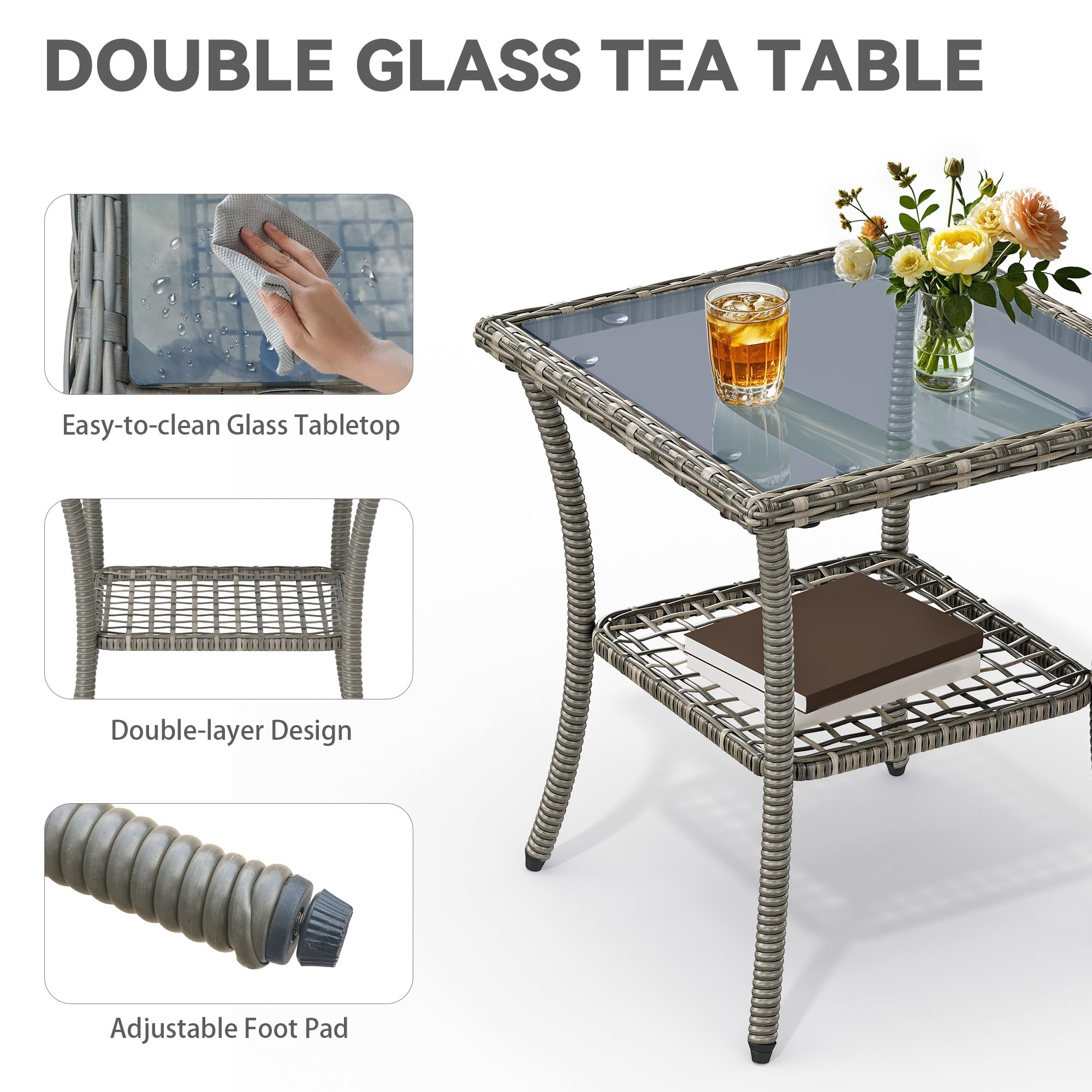 YITAHOME 3-Piece Wicker Rocking Chair Set, Outdoor Patio Furniture Set with Plush Cushions, PE Rattan Bistro Set Including Side Table, Perfect for Garden, Backyard, Porch, and Patio Use, Grey
