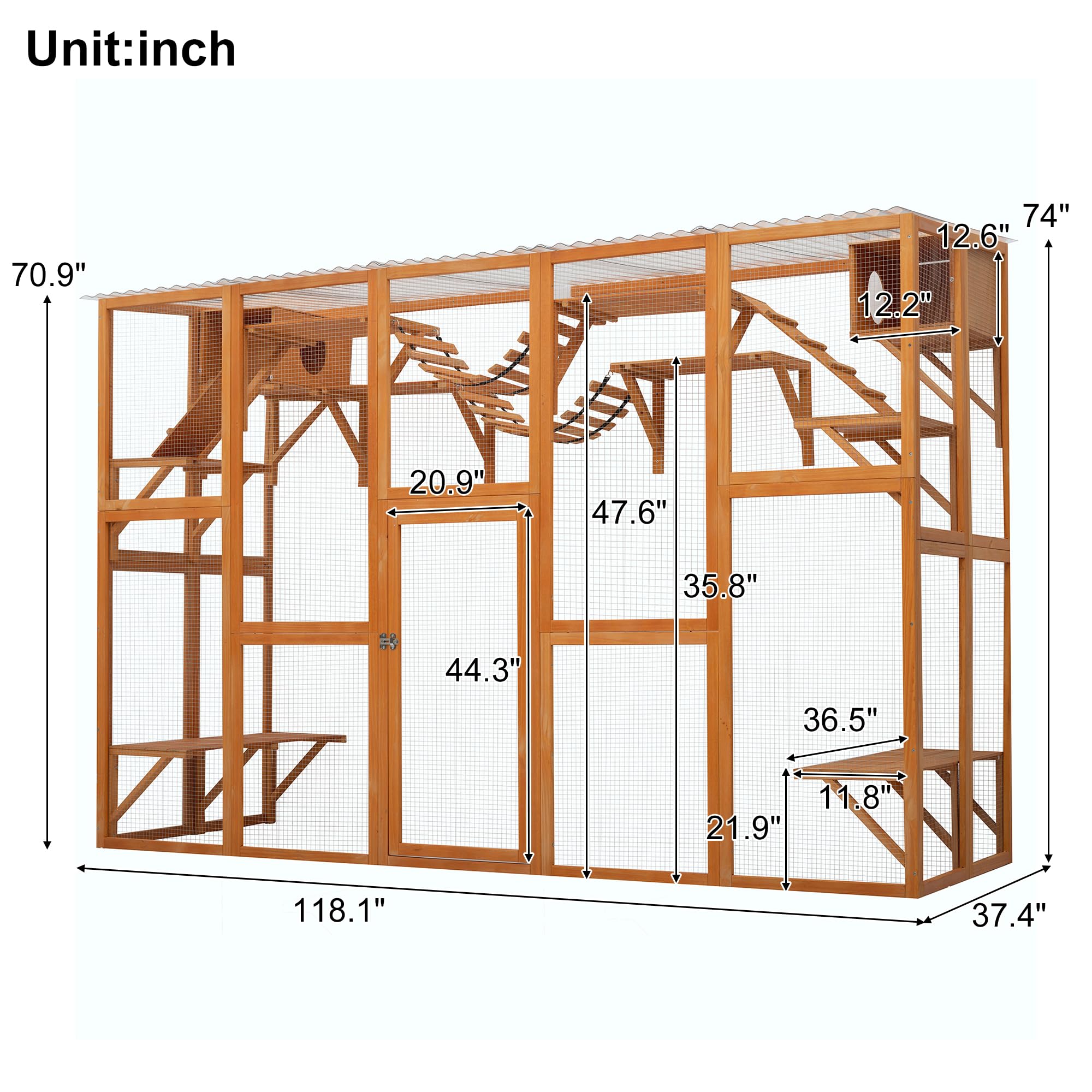118" Large Wooden Window Catio Outdoor Cat Enclosure Walk in Cat Cage Kitten Playpen Patio with Weatherproof Roof, 2 Resting Houses,2 Bouncy Bridges and 6 Platforms Natural Wood