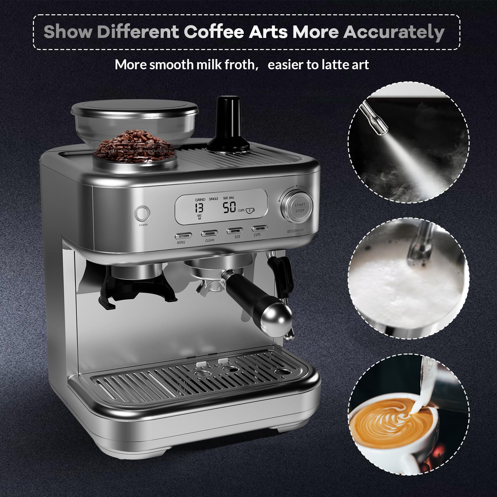 ACONEE Espresso Coffee Maker, 15 Bar Professional Espresso Coffee Maker with Built in Grinder, LED Display, Self-Clean, Barista Coffee Machine Kit, Latte Machines for Home Barista, Office, Grey