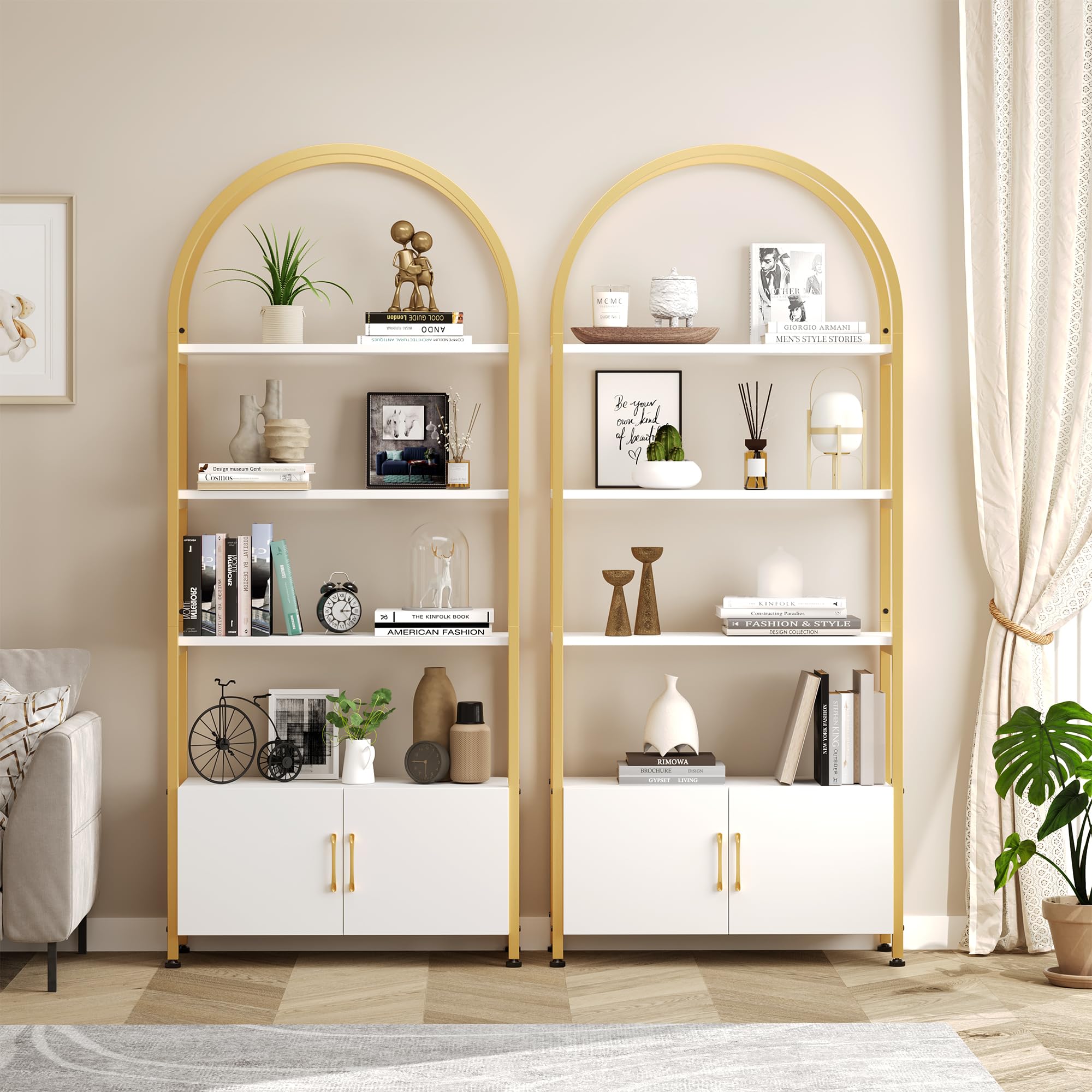 GarveeHome Arched Bookshelf, Bookcase with Doors Storage, 71.5 Inches Tall Industrial Book Shelf with Sturdy Metal Frame and Quality Boards, Freestanding Display Shelving (Gold)