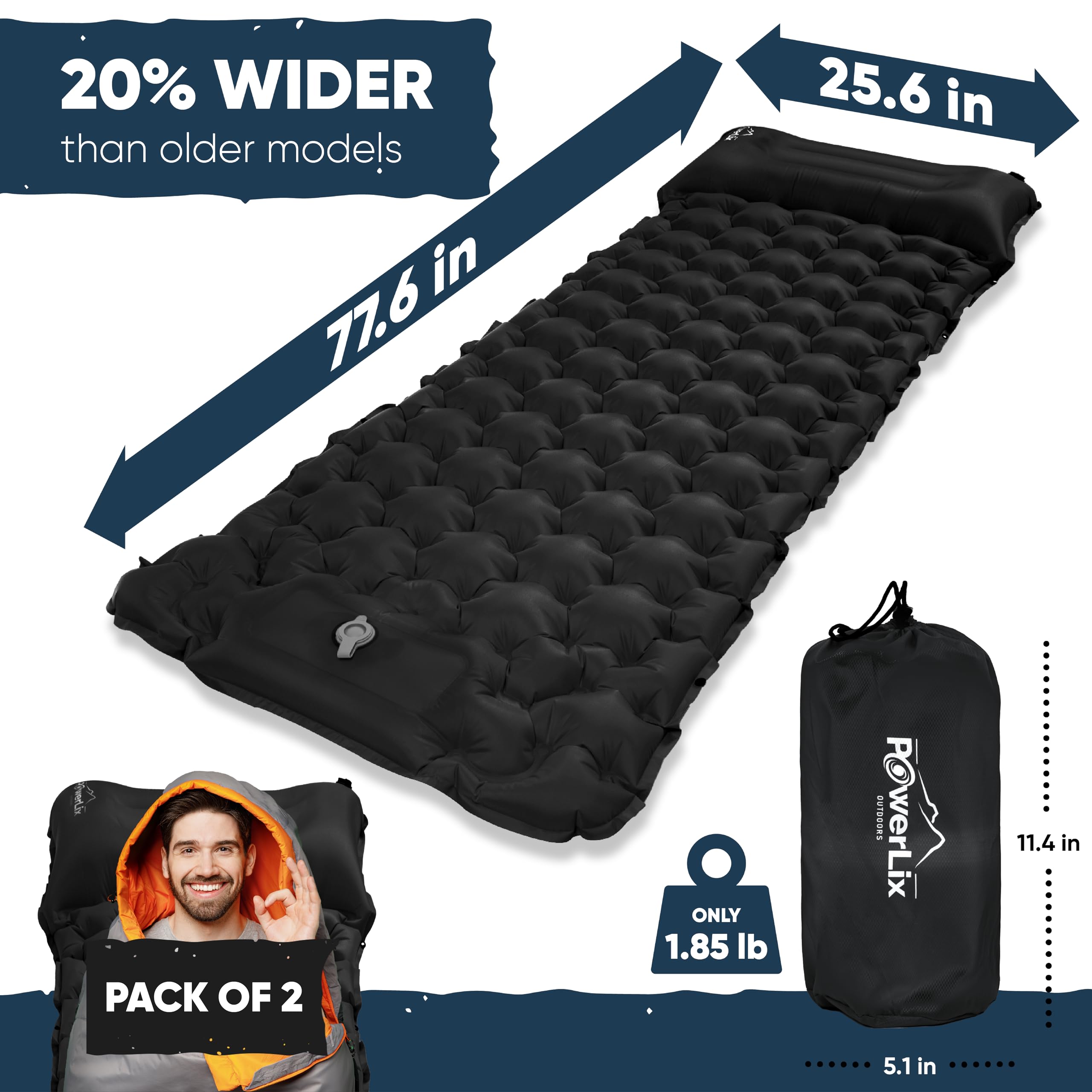 POWERLIX Camping Sleeping Pad 2 Pack, Foot Pump Sleeping Pad for Camping with Built in Pillow, Inflatable Camping Mat, Lightweight Compact Air Mattress Pad for Backpacking Hiking Travelling