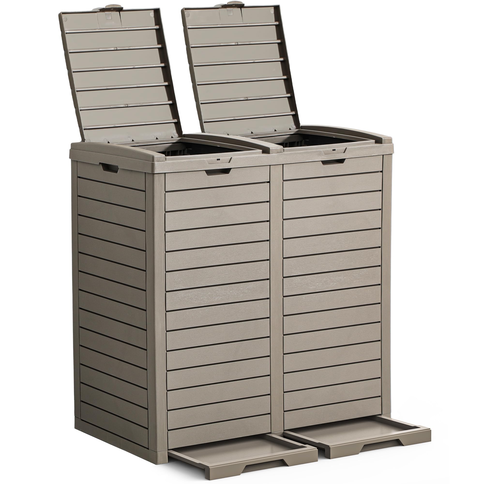 YITAHOME Outdoor Resin-Based Dual Compartment Trash Bins, 62 Gallon Capacity, Easy-to-Clean Hideaway Garbage Cans with Lid and Drip Tray (Light Brown)