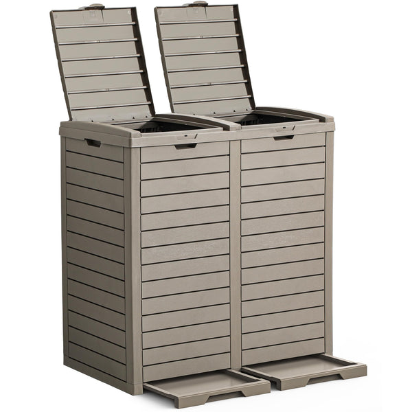 YITAHOME Outdoor Resin-Based Dual Compartment Trash Bins, 62 Gallon Capacity, Easy-to-Clean Hideaway Garbage Cans with Lid and Drip Tray (Light Brown)