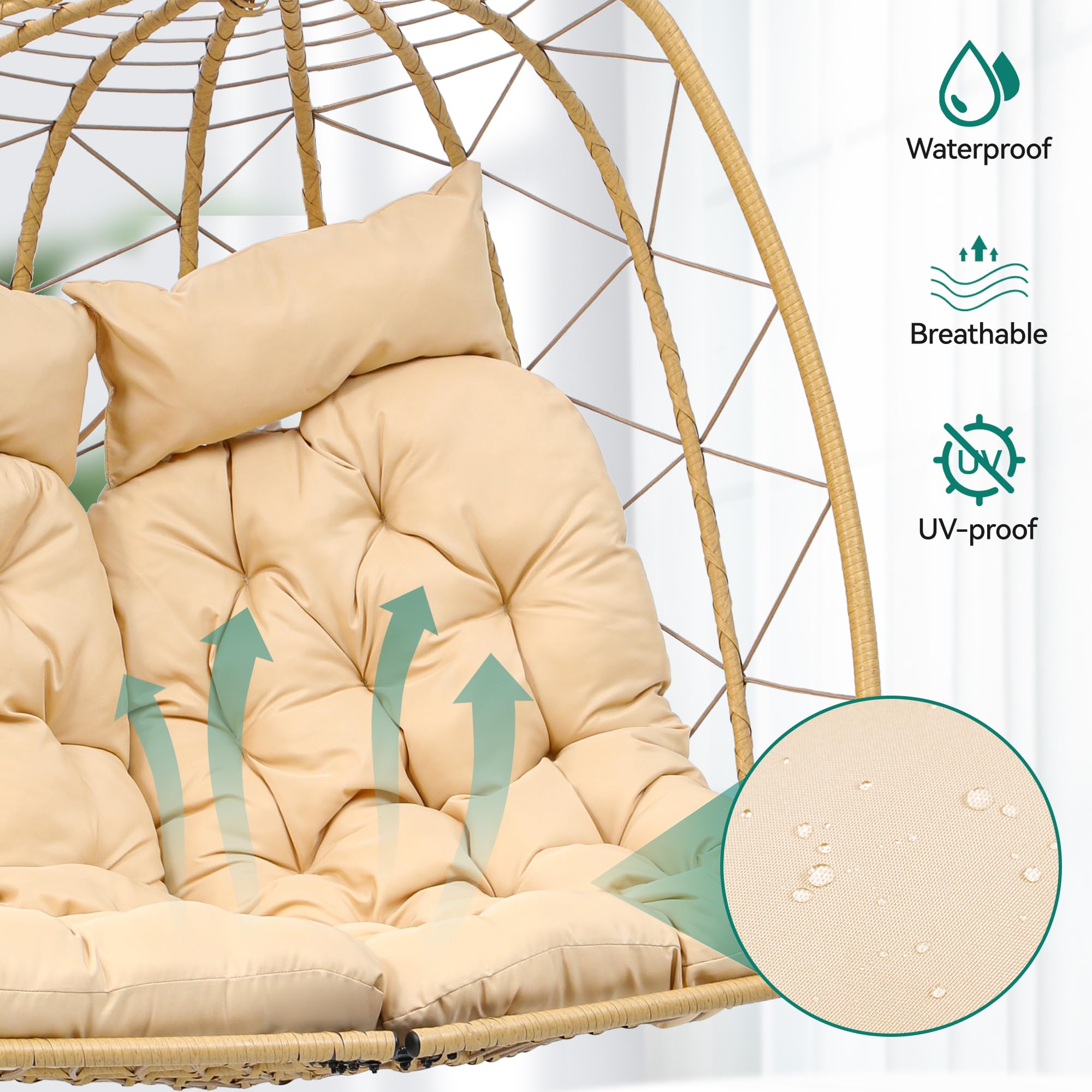 YITAHOME Patio Love Seats Chair with Stand Double Egg Chair, 2 Person Couple Wicker Rattan Chair Outdoor Egg Chair with Cushions 500lbs for Patio, Garden, Poolside and Balcony, Beige