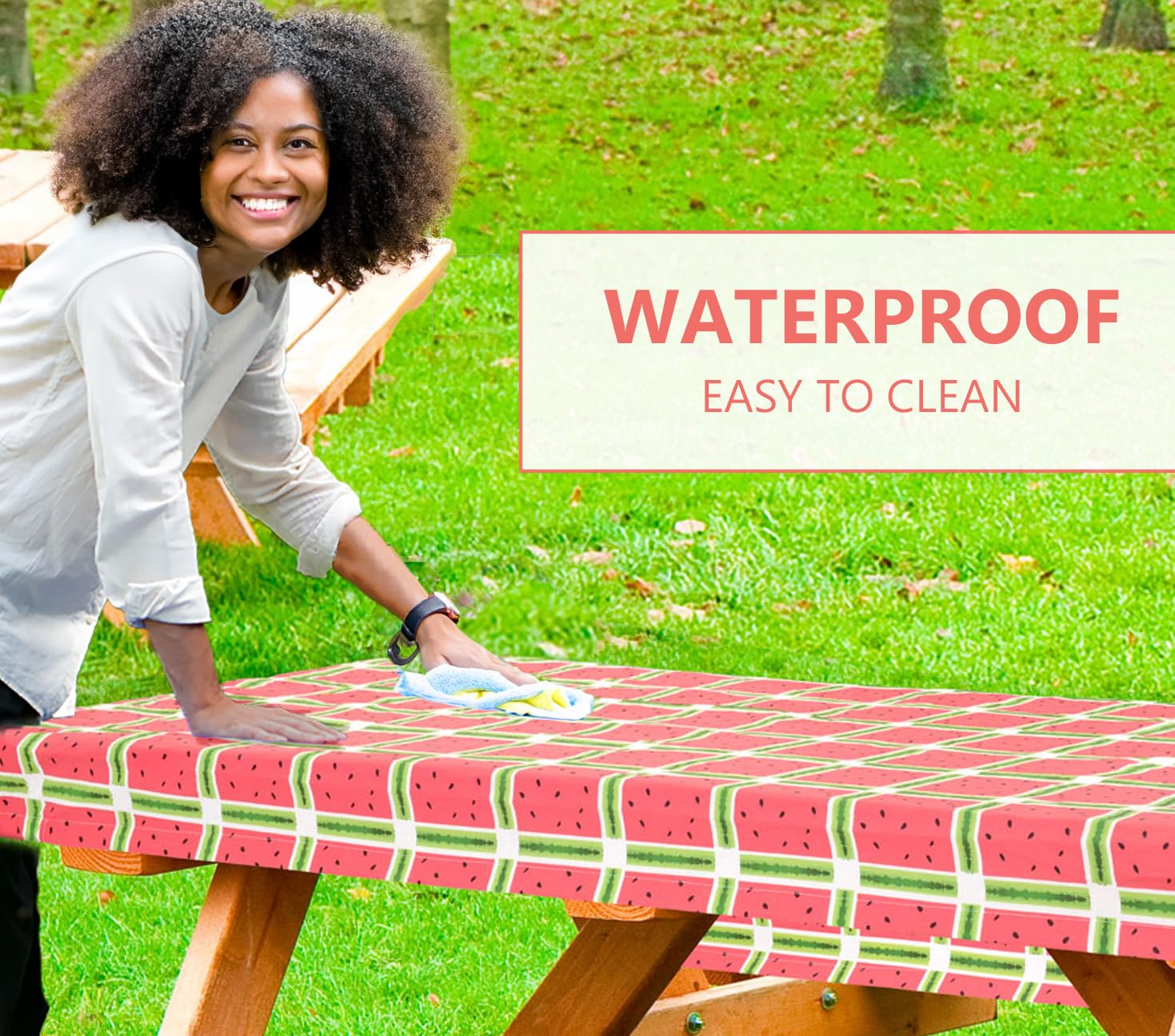 LINPRO 6ft Picnic Table Cover with Bench Covers Vinyl Fitted Picnic Table Covers with Elastic Camping Essentials and Picnic Tablecloth and RV Accessories