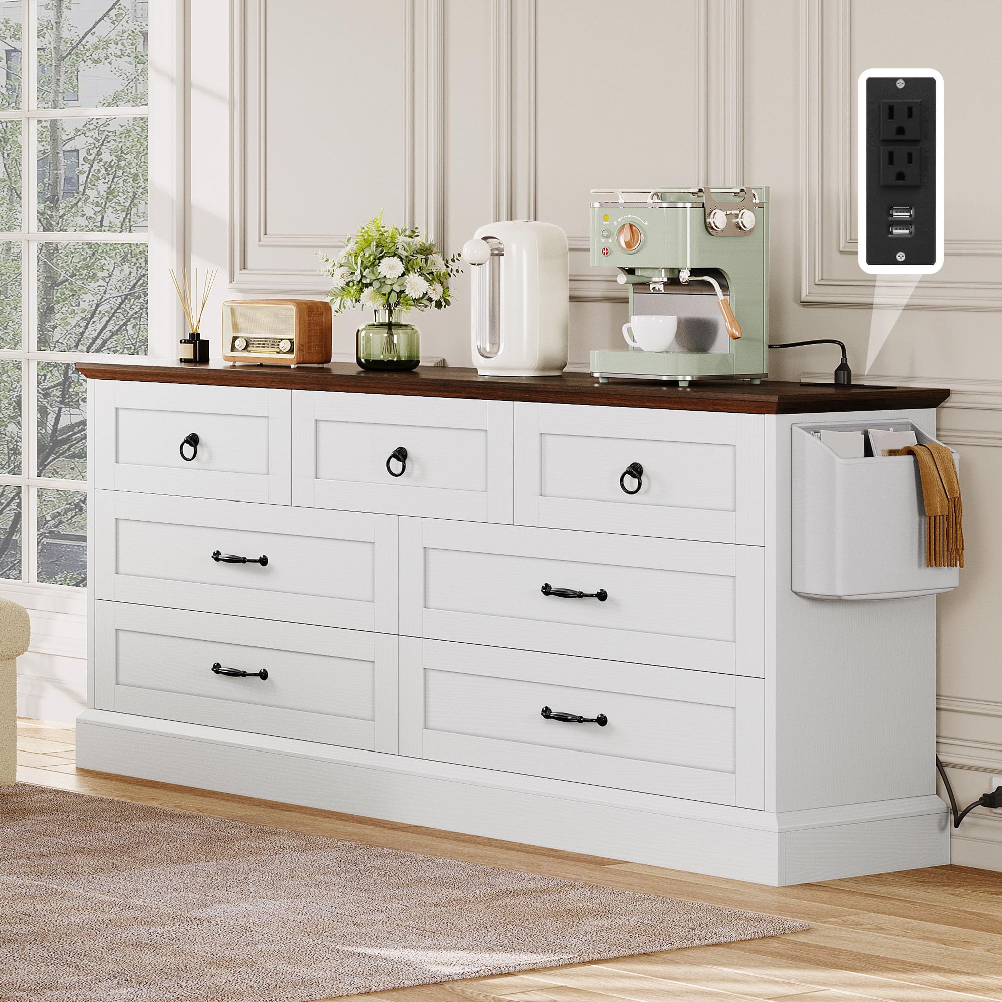 DWVO 7 Drawer Dressers, Buffet Sideboard with Power Outlets, Broad Rustic Wooden Chest of Drawers with Attractive Grain, Storage Cabinet for Living Room, Dining Room, Kitchen, and Hallway, White