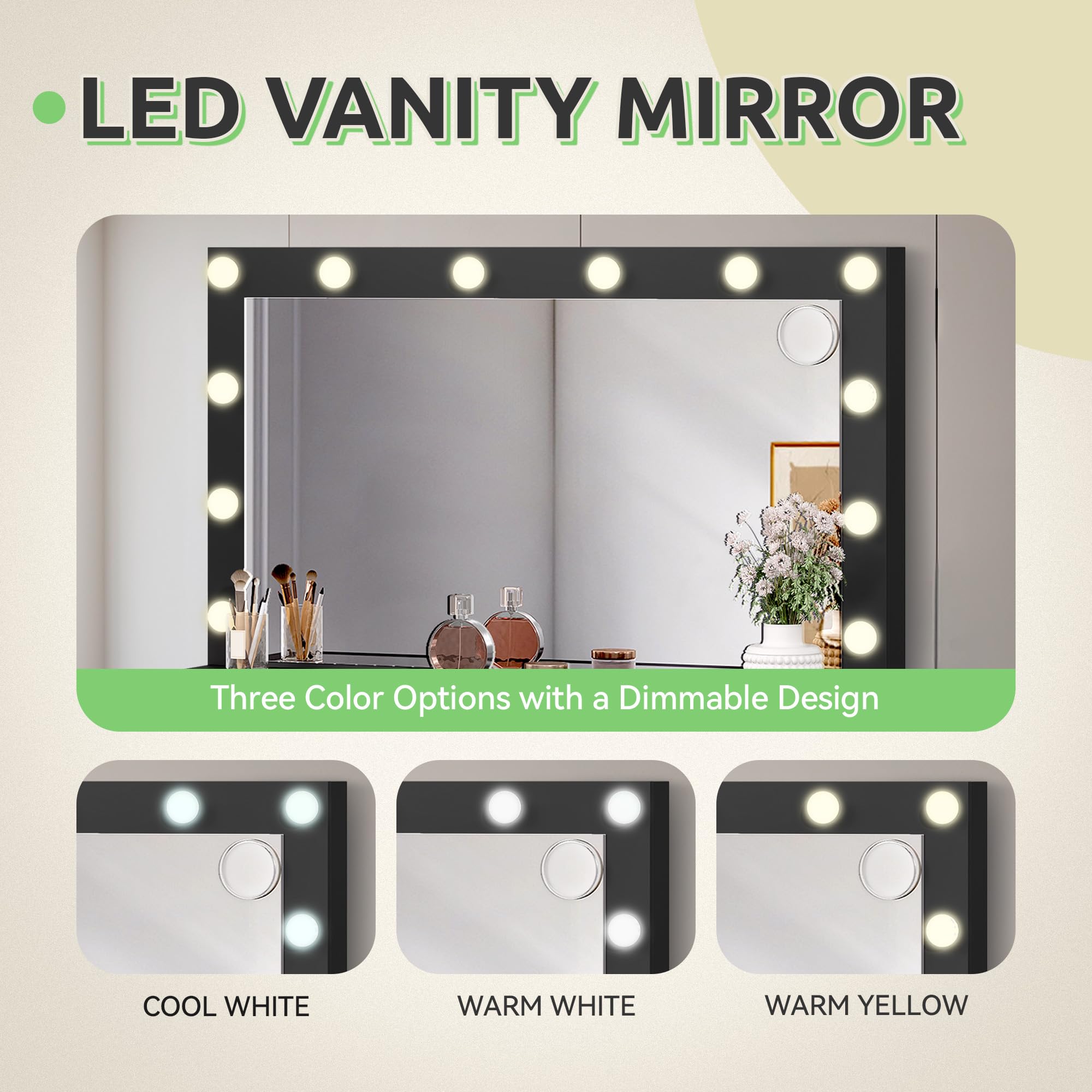 GOOBED 46" Makeup Vanity with Large Mirror & Lights, Glass Top 10-Drawer Vanity Desk Set with Power Outlets & Storage Stool, Dressing Table with 3 Light Modes for Dressing Room, Jet Black