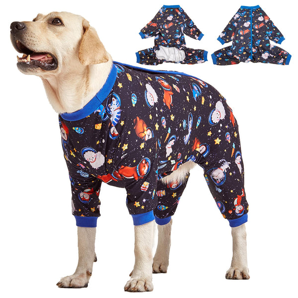 LovinPet Large Big Dog Pajamas - Anxiety Calming Dog Onesie, Pet Pajamas for Dogs, Lightweight Stretchy 4 Legged Style Large Dog Jammies, Space Animals Black Print, Pet Pjs,Black L
