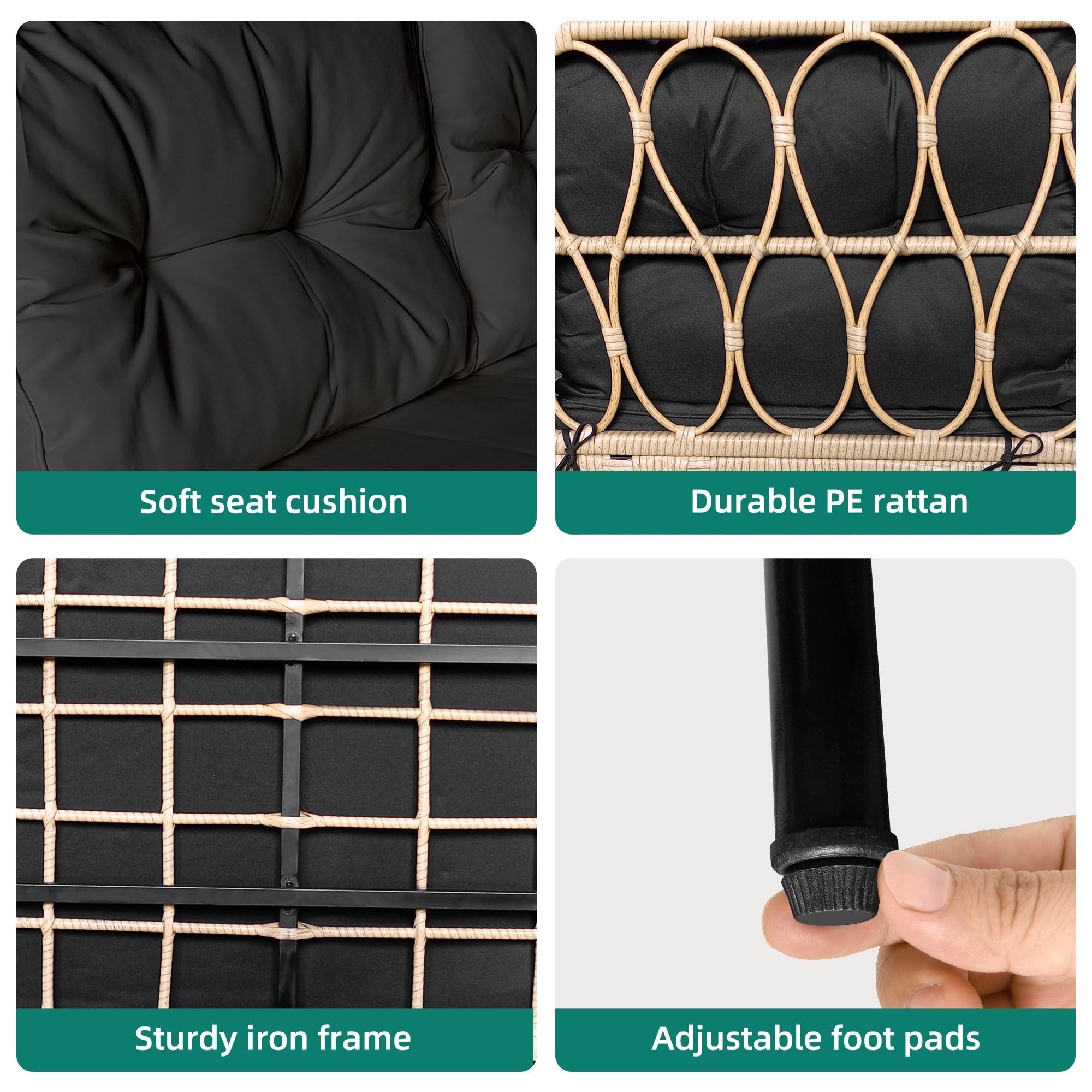 YITAHOME Patio Furniture Set, 3-Piece Outdoor Wicker Conversation Sectional L-Shaped Sofa with 4 Seater for Backyard, Porch, Boho Detachable Lounger with Cushions and Coffee Table - Black