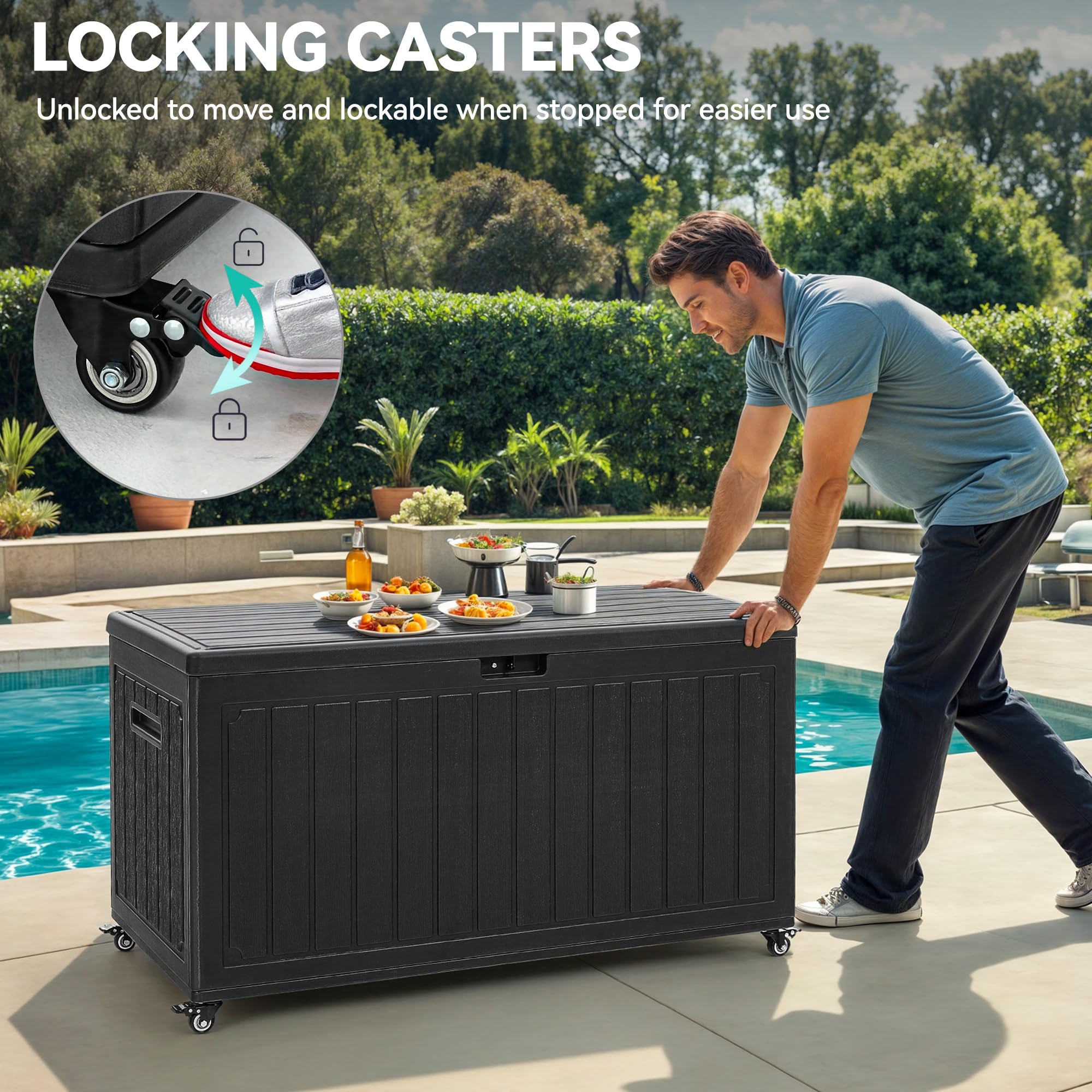 YITAHOME 90 Gallon Outdoor Storage Box with 6 Wheels, Large Double-Wall Resin Deck Box, Lockable Waterproof Outside Storage for Patio Furniture, Cushion, Pool Float, Garden Tool, Black