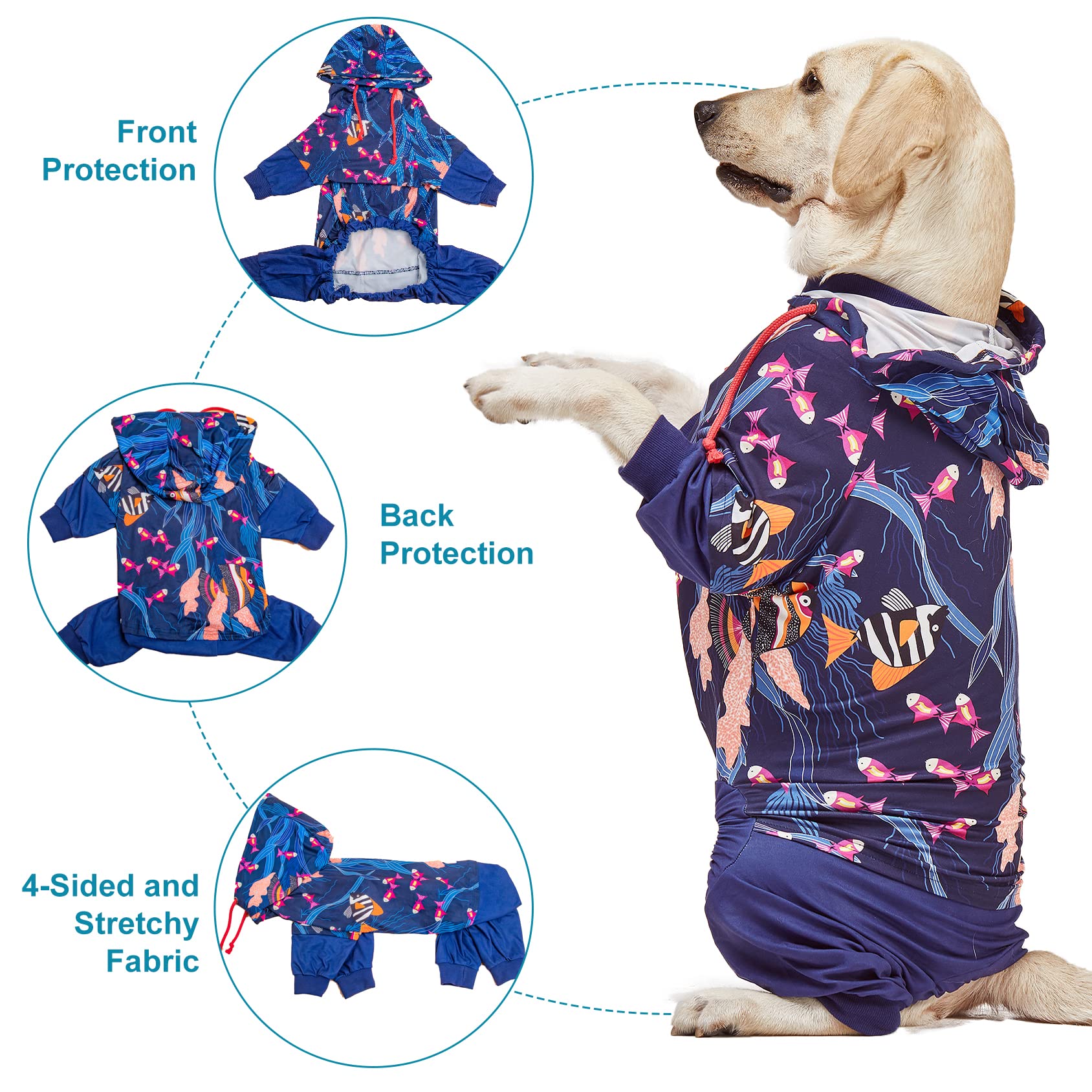 LovinPet Big Pitbull Dog PJS Wound Care/Post Surgery Dog Clothes,Anxiety Relief Onesies for Dogs,Lightweight Stretchy,Pet Pajamas for Dogs, Reflective Stripe,Fishtopia Seascape Navy Print /3XL