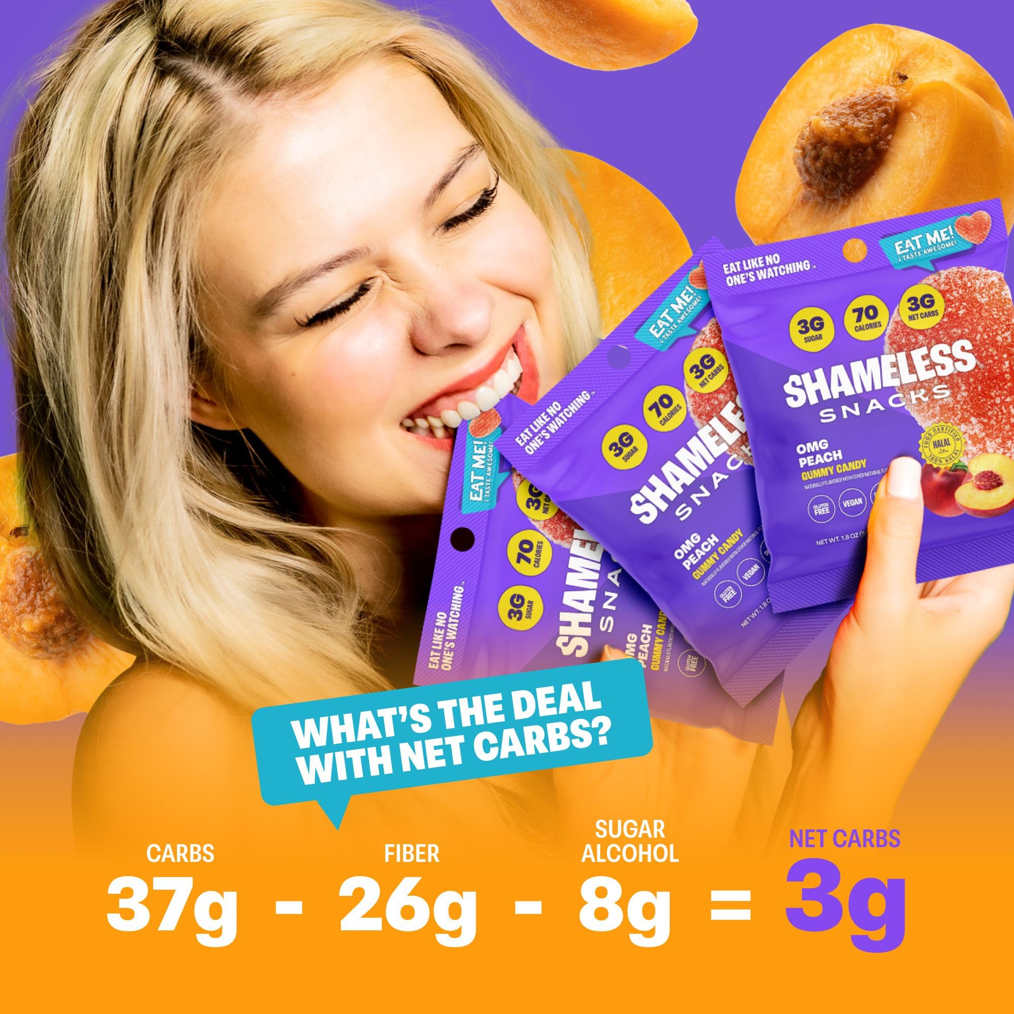Shameless Snacks - Healthy Low Calorie Snacks, Low Carb Keto Gummies (Gluten Free) - 6 Pack OMG Peach