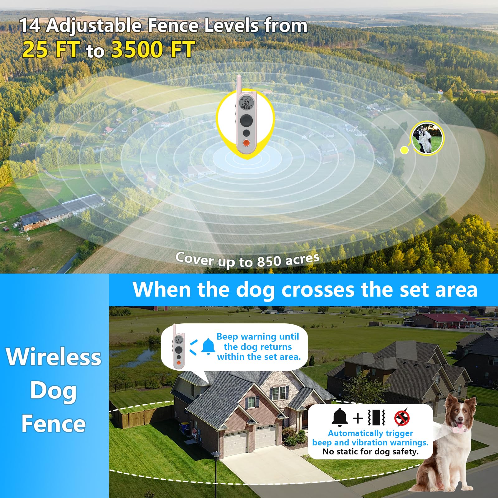 Htcuto Wireless Dog Fence System Electric Fence for Dogs 6000FT Shock Collar for Dogs Training Collar with Remote Waterproof Rechargeable Safe Pet Containment System Boundary for 1 Large Medium Dog